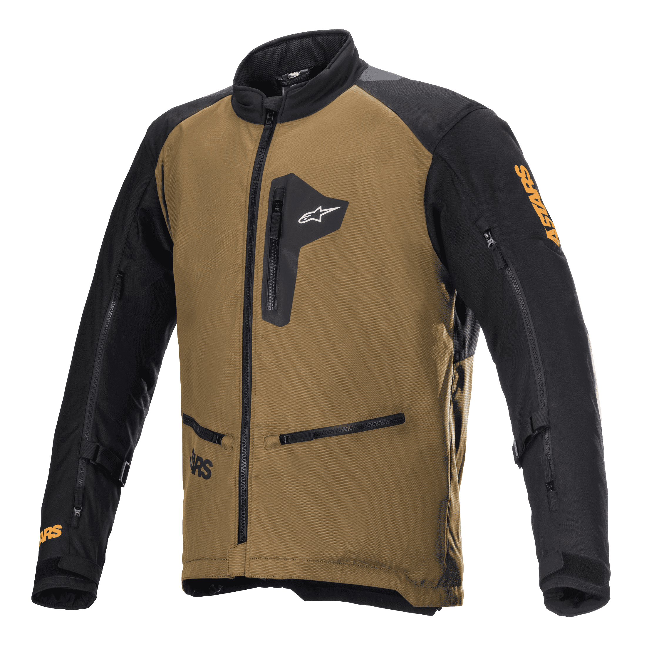 Alpinestars Venture XT jakke, motorcykeljakke til adventure og touring, camel og sort, med bryst- og håndlommer med lynlås, ventilationslynlåse på ærmerne, justerbare stropper på armene og orange Astars-branding