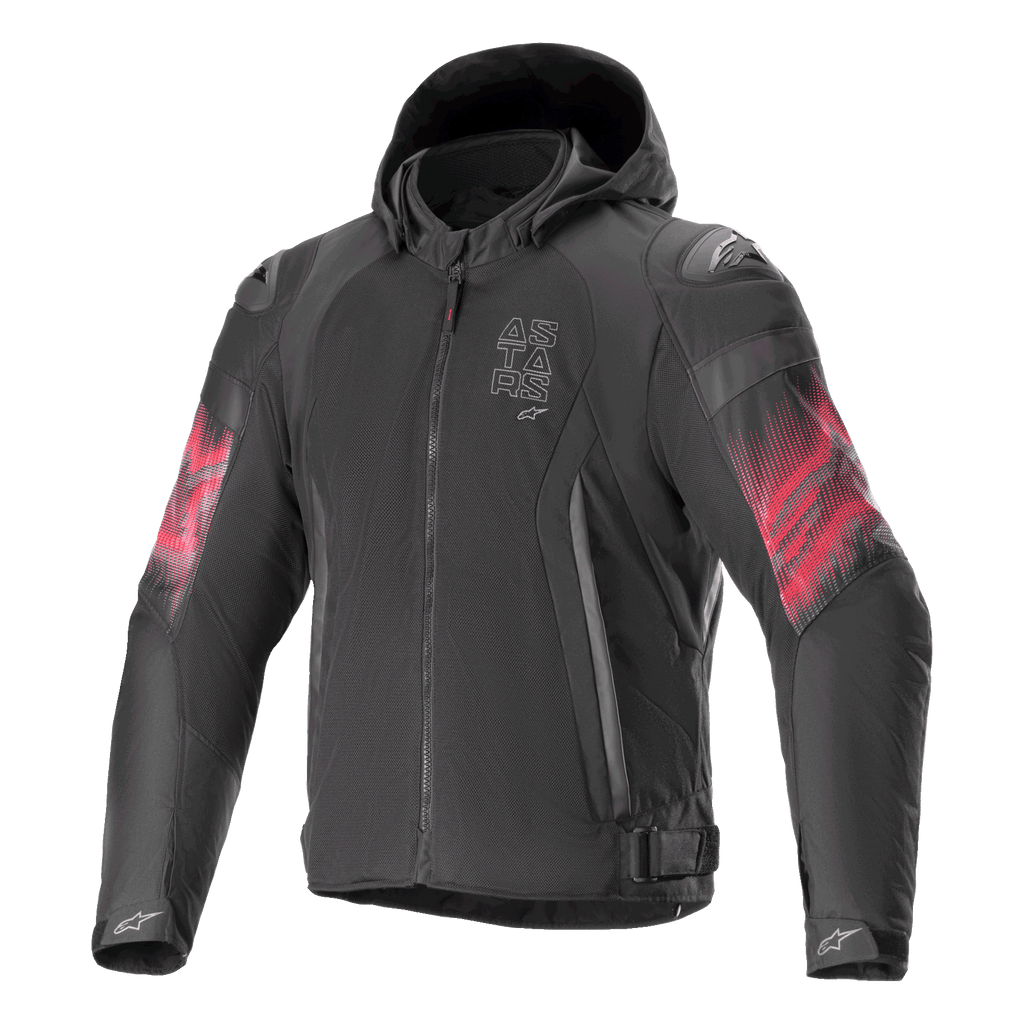 Alpinestars Zaca Air Venom WP Jacket, Textile Motorcycle Jacket, Black and Bright Red, red gradient sleeve graphics, vertical ASTARS chest logo, hooded design with mesh construction for ventilation, sport riding apparel