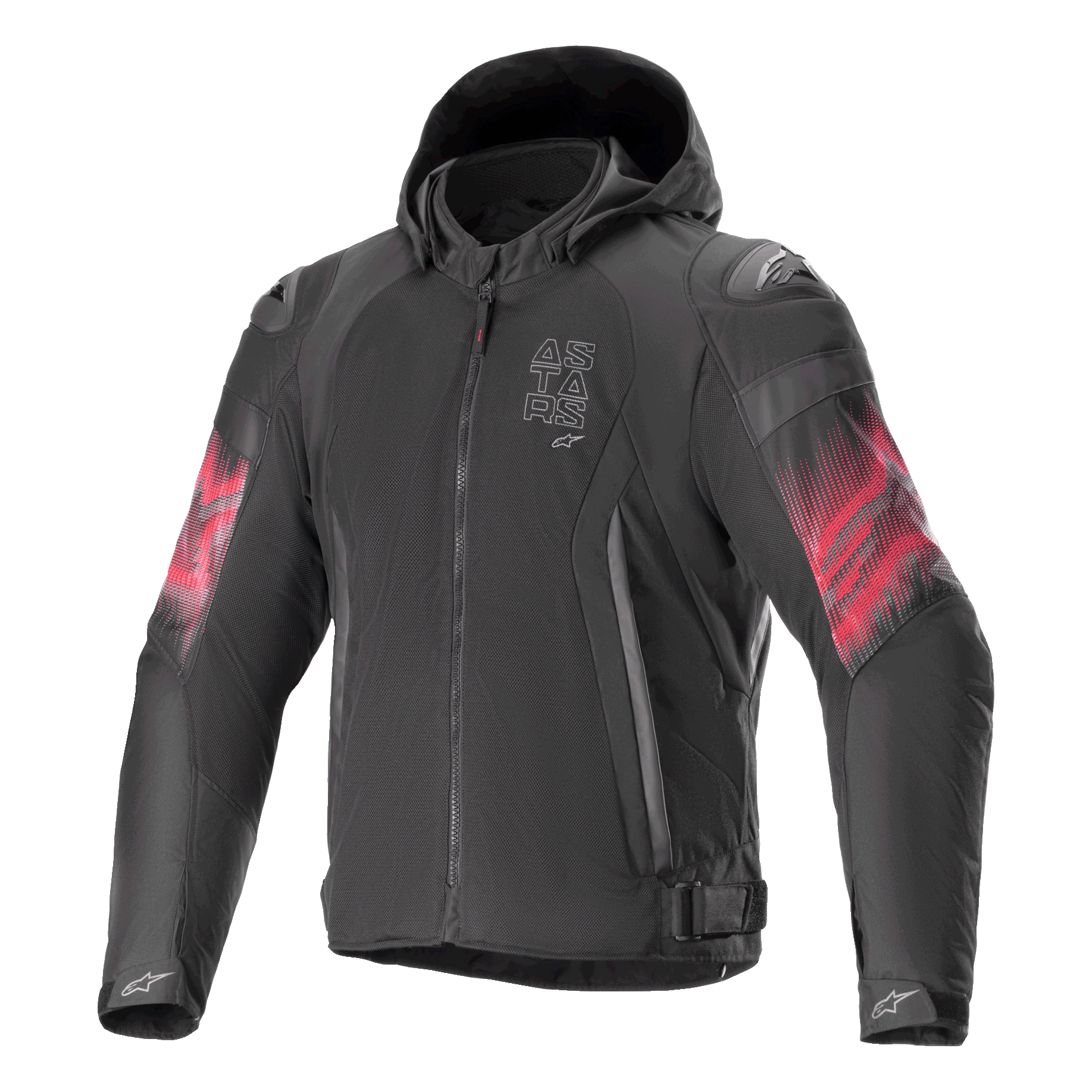 Alpinestars Zaca Air Venom WP Jacket, Textile Motorcycle Jacket, Black and Bright Red, red gradient sleeve graphics, vertical ASTARS chest logo, hooded design with mesh construction for ventilation, sport riding apparel