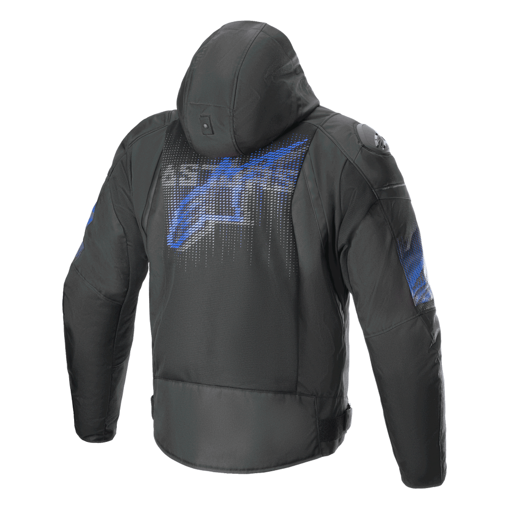 Alpinestars Zaca Air Venom WP motorcykeljakke til herre med hætte, set bagfra i sort og elektrisk blå, med 3D-meshventilation og CE-certificeret beskyttelse