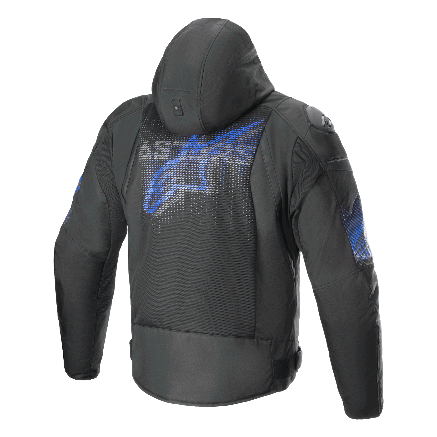 Alpinestars Zaca Air Venom WP motorcykeljakke til herre med hætte, set bagfra i sort og elektrisk blå, med 3D-meshventilation og CE-certificeret beskyttelse