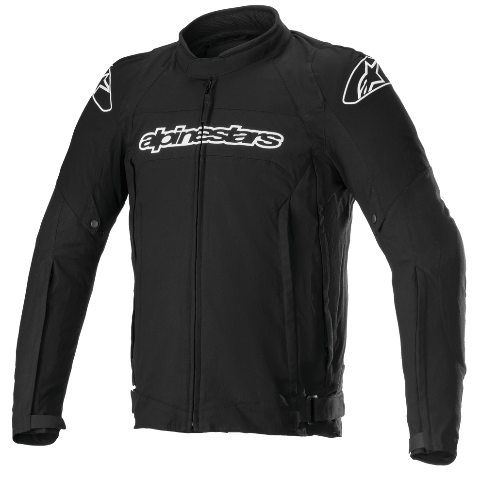 Alpinestars T-GP Force Jacket, Black textile motorcycle jacket with white logos on chest and shoulders, full front zipper, high collar, pre-curved sleeves, sport-fit design for road riding