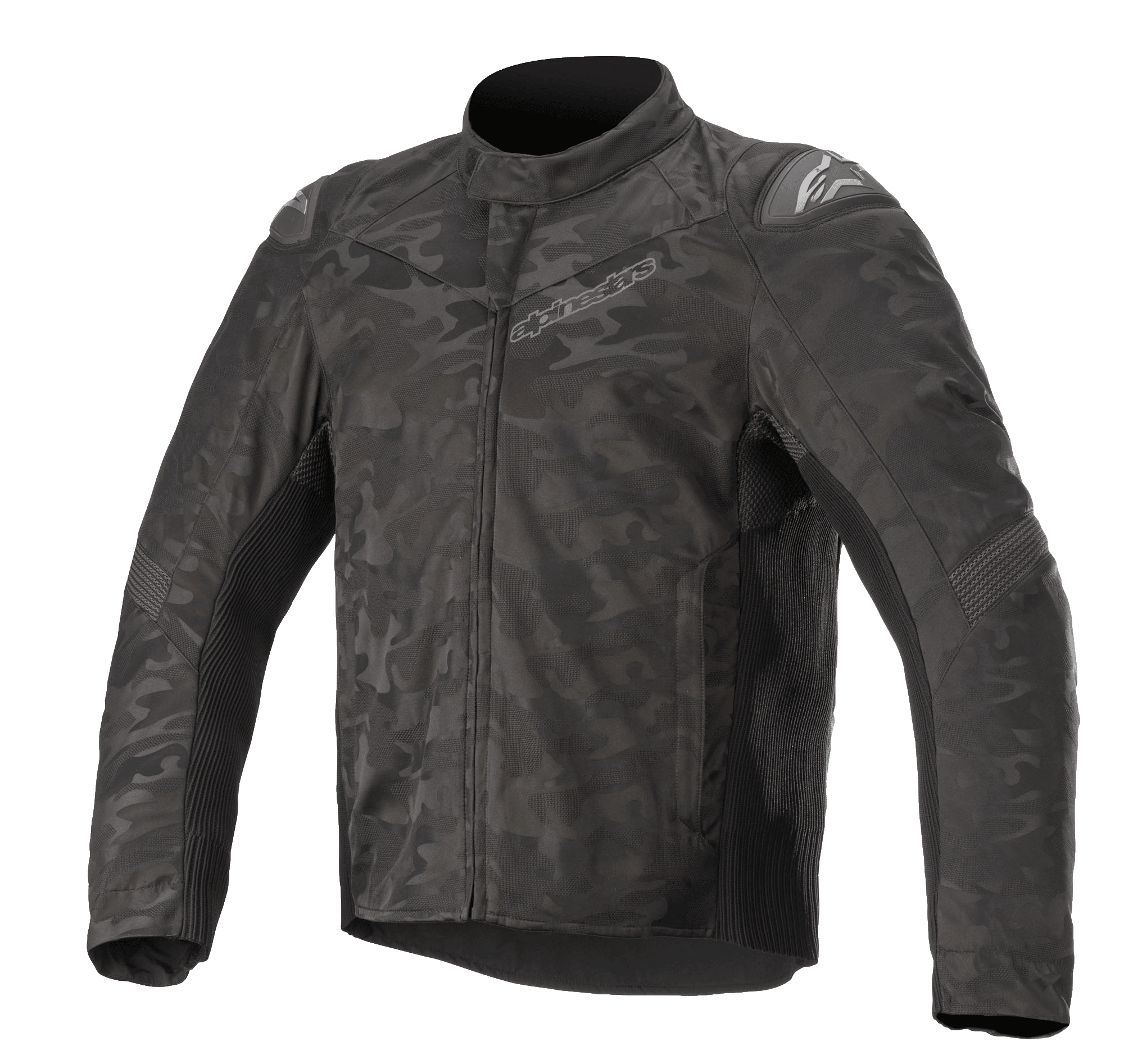 Alpinestars T SP-5 Rideknit® tekstiljakke, motorcykeljakke, sort camouflage, mørkt camouflagemønster, ribbede strikkede paneler for strækbarhed, eksterne skulder-sliders, høj krave og strømlinet sportspasform