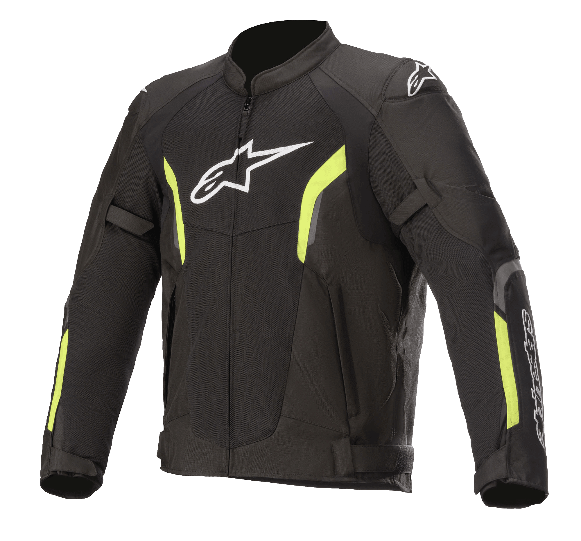 Alpinestars AST V2 Air Jacket, Motorcycle Mesh Jacket, Black and Yellow Fluo, white Astars logo on chest, large mesh panels for ventilation, fluorescent yellow accents on sleeves and chest, and adjustable arm straps for a sporty protective fit