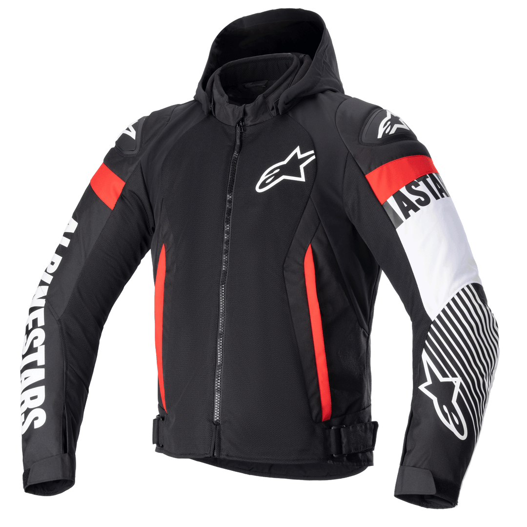 Alpinestars Zaca Air Jacket, Motorcycle Hooded Jacket, Black with Red and White Accents, Weather-Resistant Material, Adjustable Waist Straps