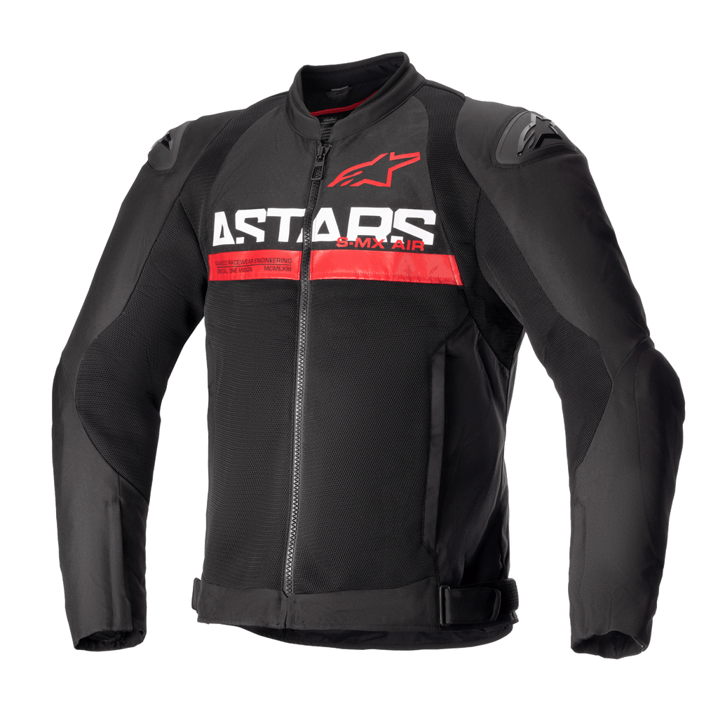 Alpinestars SMX Air Jacket, Motorcycle Sport Jacket, Black and Bright Red, featuring bold white 'ASTARS' text and a red horizontal stripe on the chest, ventilated mesh panels with DFS Lite external shoulder sliders, protective summer riding gear