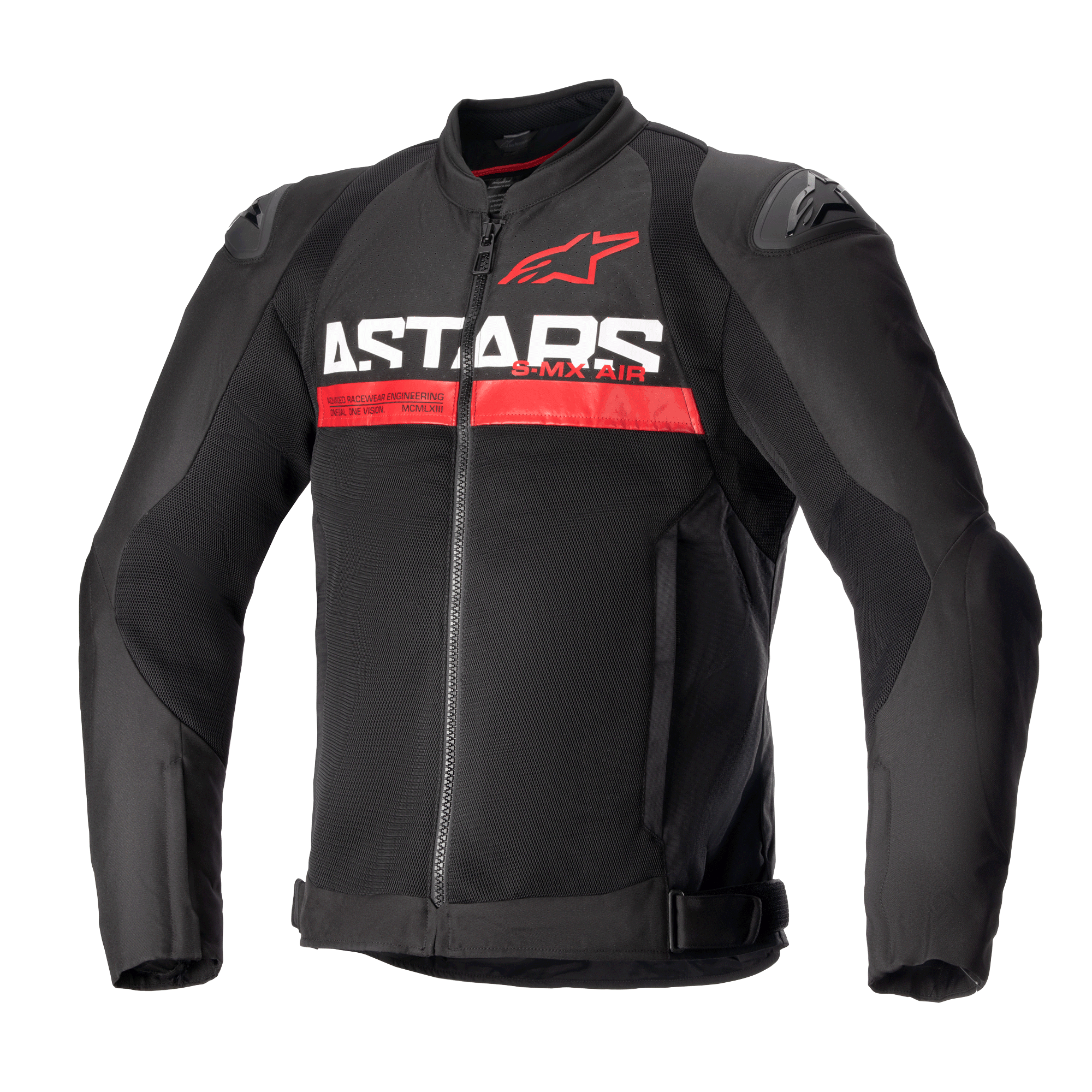 Alpinestars SMX Air Jacket, Motorcycle Sport Jacket, Black and Bright Red, featuring bold white 'ASTARS' text and a red horizontal stripe on the chest, ventilated mesh panels with DFS Lite external shoulder sliders, protective summer riding gear