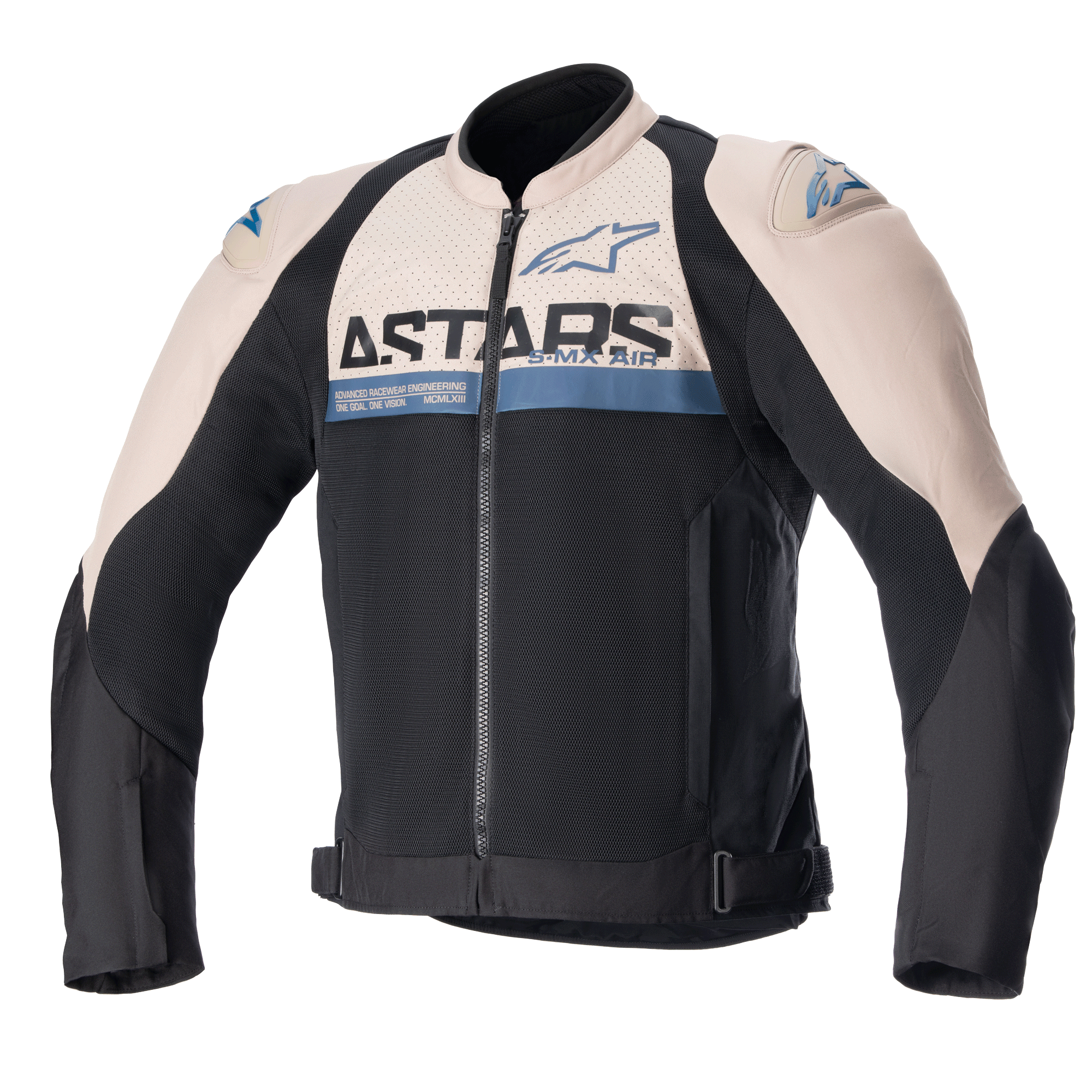 Alpinestars SMX Air Jakke, motorcykel-sportsjakke, lysebrun og sort med sodalitblå detaljer, mesh-ventilationspaneler, ASTARS-branding på brystet, lynlåslukning foran, justerbare taljestropper, beskyttende skulderskydere