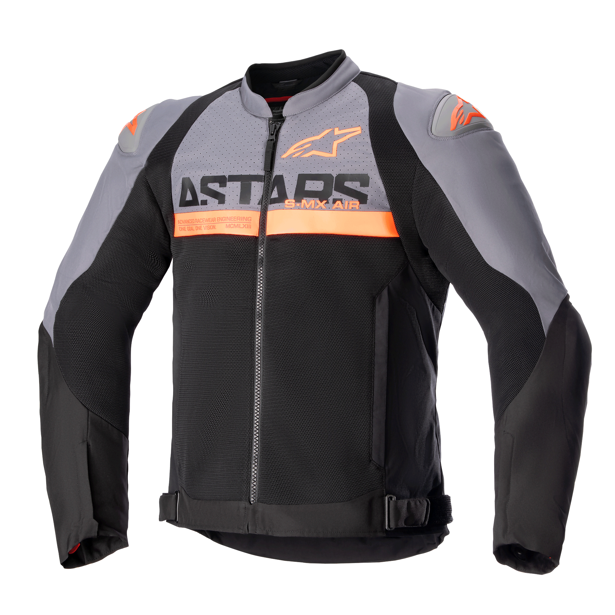 Alpinestars SMX Air Jacket, Motorcycle Sport Jacket, Dark Gray and Black with Orange Fluo accents, featuring perforated tech mesh panels and bold ASTARS branding on the chest, long sleeves, front zipper, and adjustable waist straps, technical ventilated riding gear.