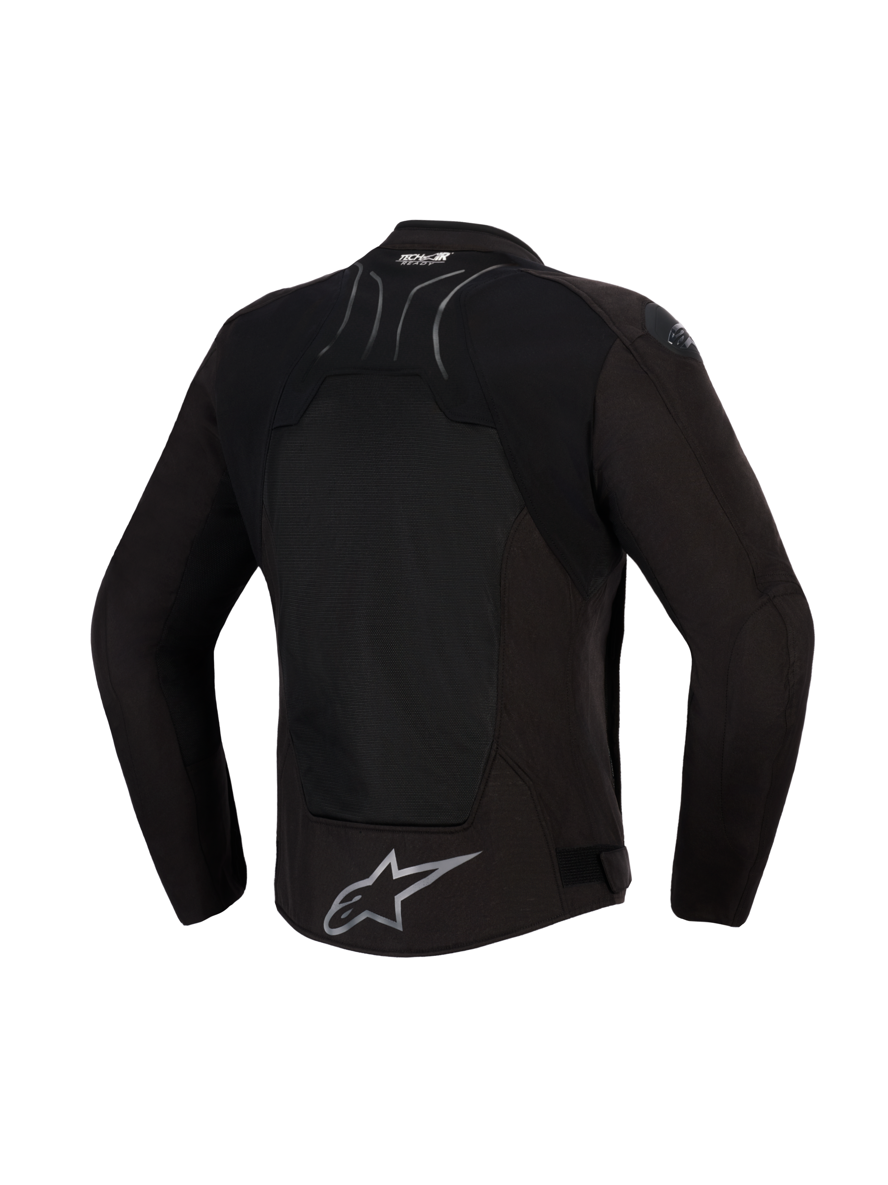Alpinestars SMX Air Jacket, Black Anthracite, Rear view, featuring a large tech mesh back panel for ventilation, Tech-Air® Ready branding on the upper back, and silver Alpinestars star logo on the lower hem, designed for warm weather sport riding.