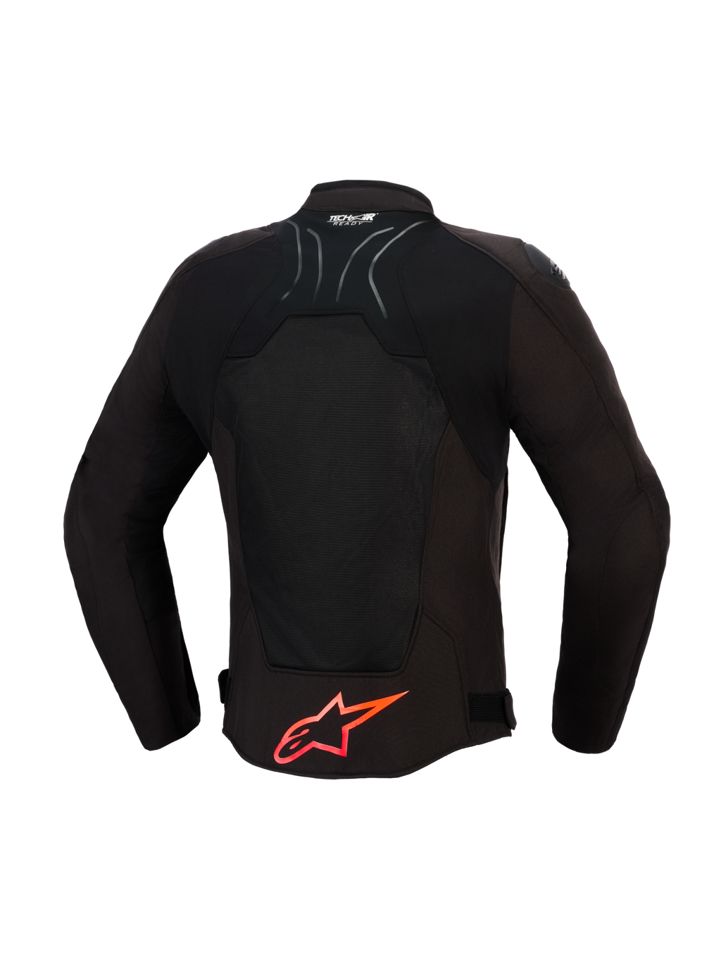 Alpinestars SMX Air-jakke, motorcykeljakke, sort med klare røde detaljer, set bagfra med tech mesh-paneler til luftgennemstrømning, stort rødt Alpinestars-logo nederst på ryggen, Tech-Air Ready-logo på kraven, sporty design til højtydende kørsel.