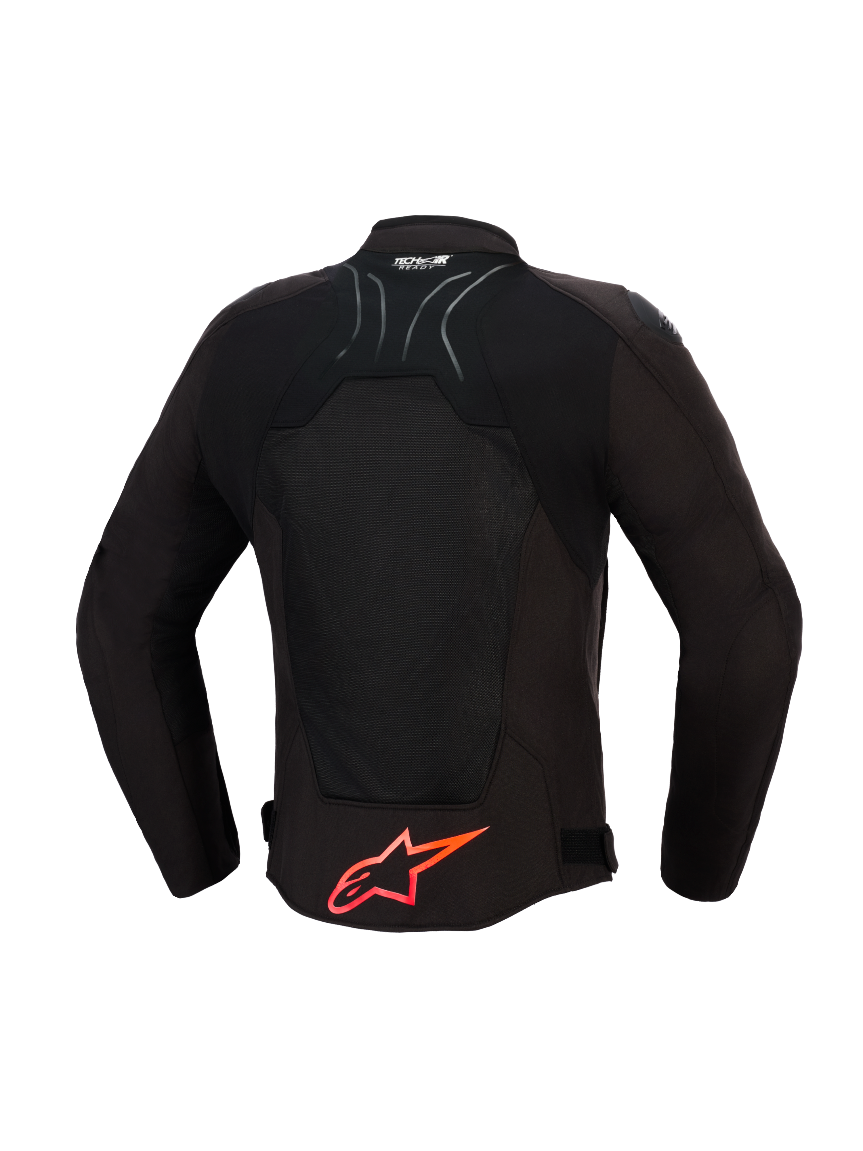 Alpinestars SMX Air-jakke, motorcykeljakke, sort med klare røde detaljer, set bagfra med tech mesh-paneler til luftgennemstrømning, stort rødt Alpinestars-logo nederst på ryggen, Tech-Air Ready-logo på kraven, sporty design til højtydende kørsel.