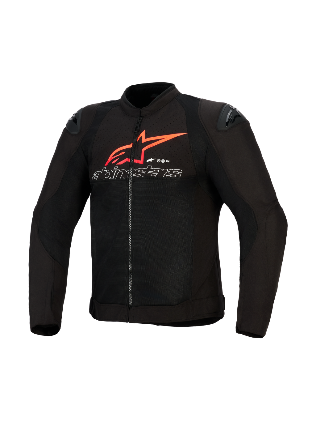 Alpinestars SMX Air-jakke, motorcykeljakke, sort med detaljer i klar rød og hvid, med et stort rødt Alpinestars-stjernelogo og hvid tekst med kontur på brystet, mesh-paneler med sorte skulderskydere, performance sportsbeklædning til kørsel