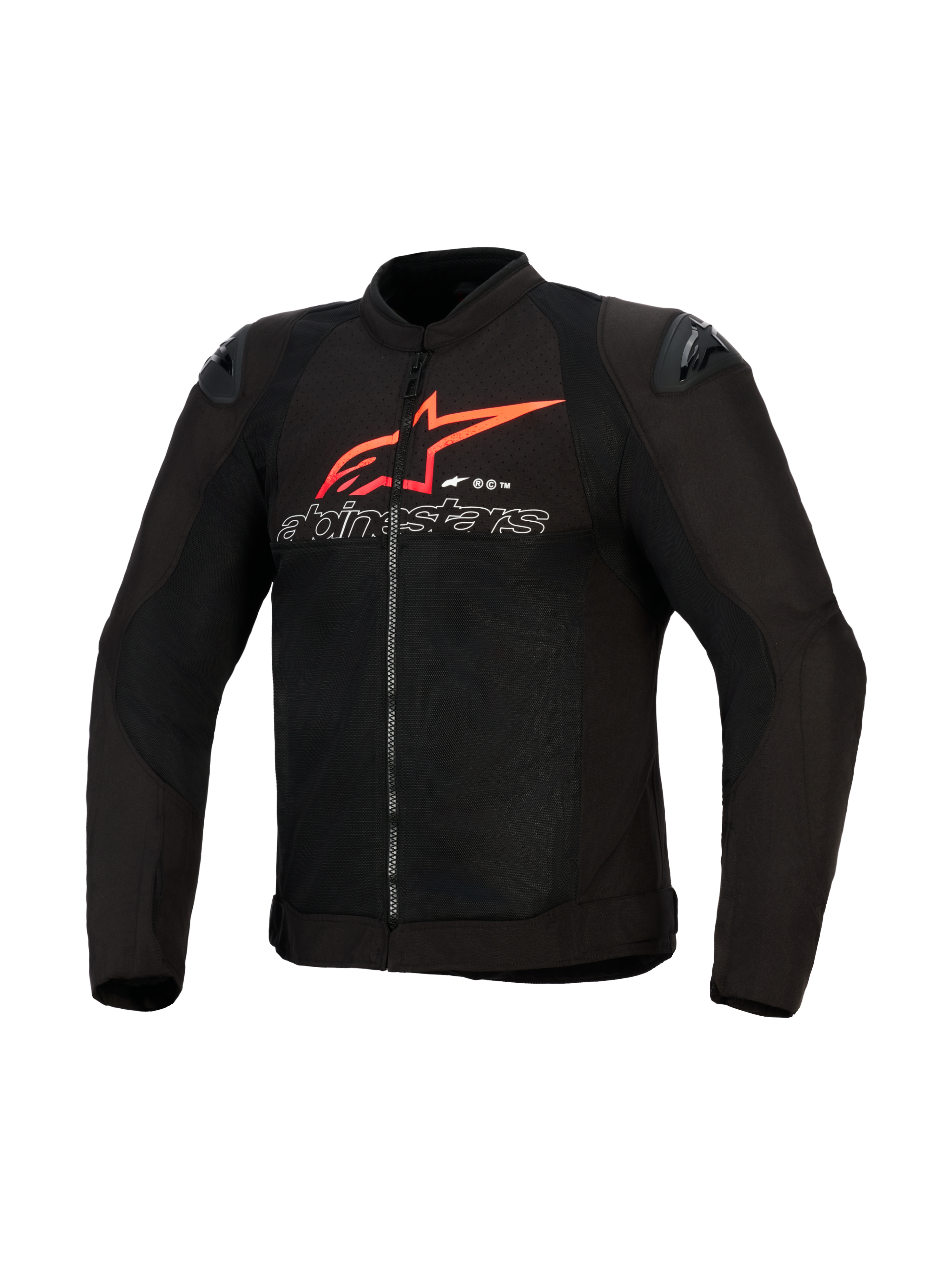 Alpinestars SMX Air-jakke, motorcykeljakke, sort med detaljer i klar rød og hvid, med et stort rødt Alpinestars-stjernelogo og hvid tekst med kontur på brystet, mesh-paneler med sorte skulderskydere, performance sportsbeklædning til kørsel