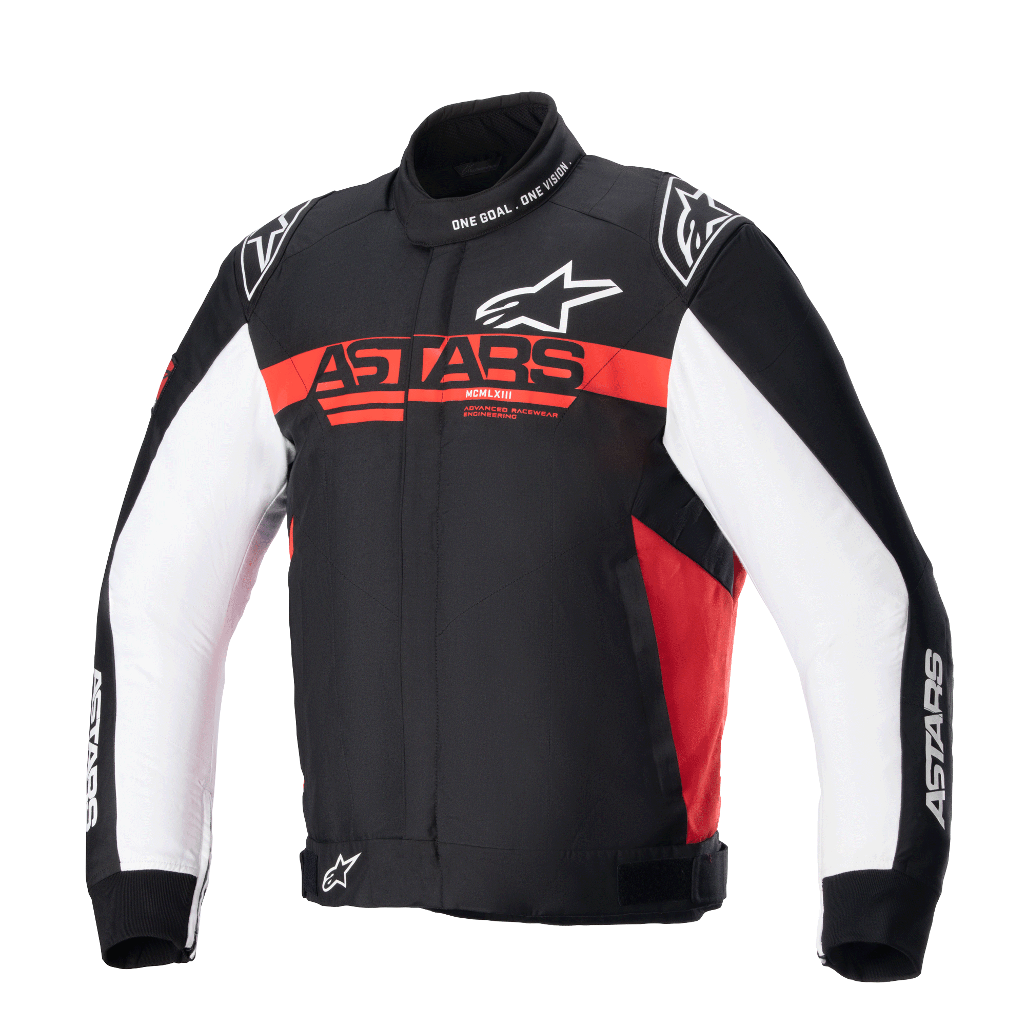 Alpinestars Monza Sport Jacket, men's textile motorcycle racing and sport jacket in Black, Bright Red, and White, featuring CE certified protection and a tech twill chassis