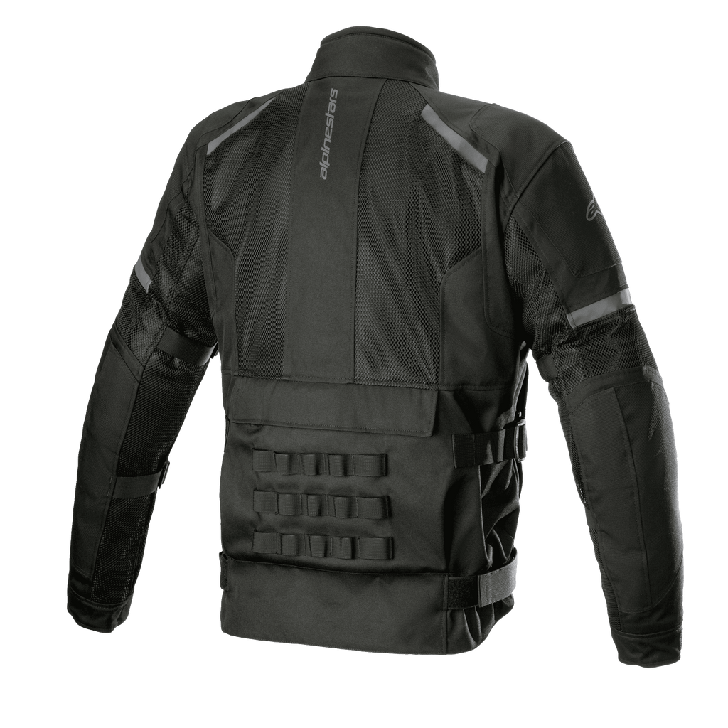 Alpinestars Crosshill Air Waterproof Jacket, Black, Rear view highlighting large tech mesh panels, vertical Alpinestars logo, PALS modular connection system on lower back, and adjustable waist straps, durable motorcycle touring gear