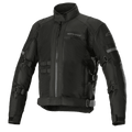 Alpinestars Crosshill Air Waterproof Jacket, Motorcycle Touring Jacket, Black, featuring large mesh ventilation panels, adjustable straps on arms and waist, reflective accents, high collar, and rugged textile construction with military-inspired details