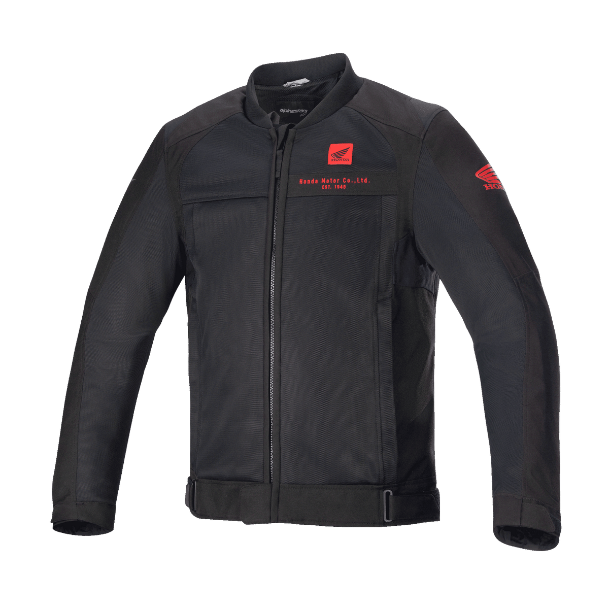 Alpinestars Honda Luc V2 Air-jakke, sort motorcykeljakke, bomber-stil med mesh-paneler, rød Honda-branding på bryst og ærme, fuld lynlås foran, ribstrikket krave, justerbar talje og manchetter, tekstilmateriale til bykørsel