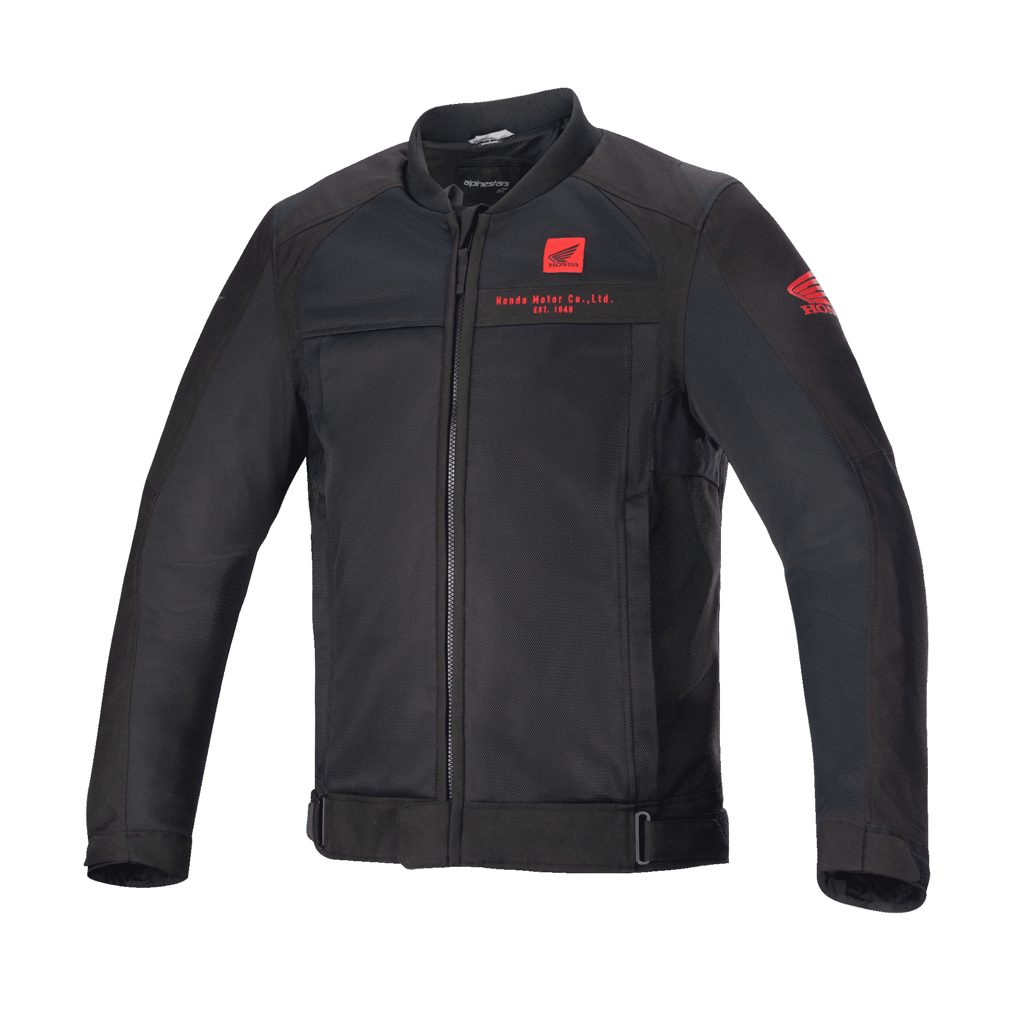 Alpinestars Honda Luc V2 Air Jacket, Black Motorcycle Jacket, Bomber Style with Mesh Panels, Red Honda Branding on Chest and Sleeve, Full Front Zipper, Ribbed Collar, Adjustable Waistband and Cuffs, Textile Material for Urban Riding