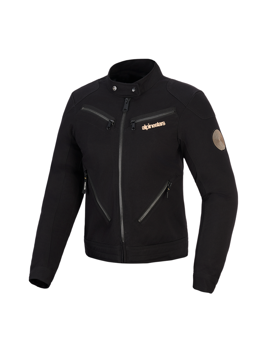 Alpinestars Stella Grace-jakke, motorcykeljakke til kvinder, sort, urbant arbejdstøj-inspireret design med flere lynlåse på forsiden, krave med trykknapper, kobberfarvet Alpinestars-logo og vintage spiral-patch på ærmet.