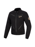 Alpinestars Stella Grace-jakke, motorcykeljakke til kvinder, sort, urbant arbejdstøj-inspireret design med flere lynlåse på forsiden, krave med trykknapper, kobberfarvet Alpinestars-logo og vintage spiral-patch på ærmet.