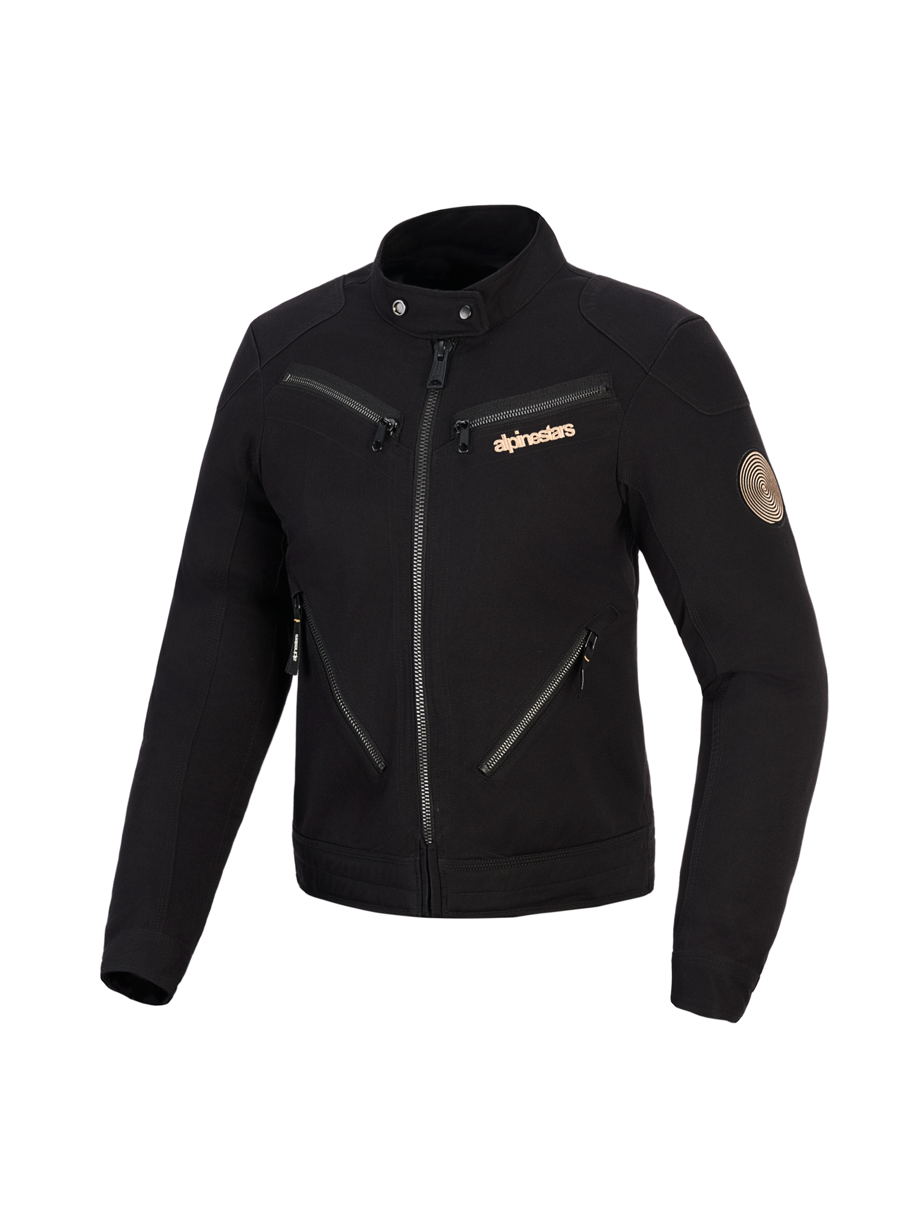 Alpinestars Stella Grace-jakke, motorcykeljakke til kvinder, sort, urbant arbejdstøj-inspireret design med flere lynlåse på forsiden, krave med trykknapper, kobberfarvet Alpinestars-logo og vintage spiral-patch på ærmet.