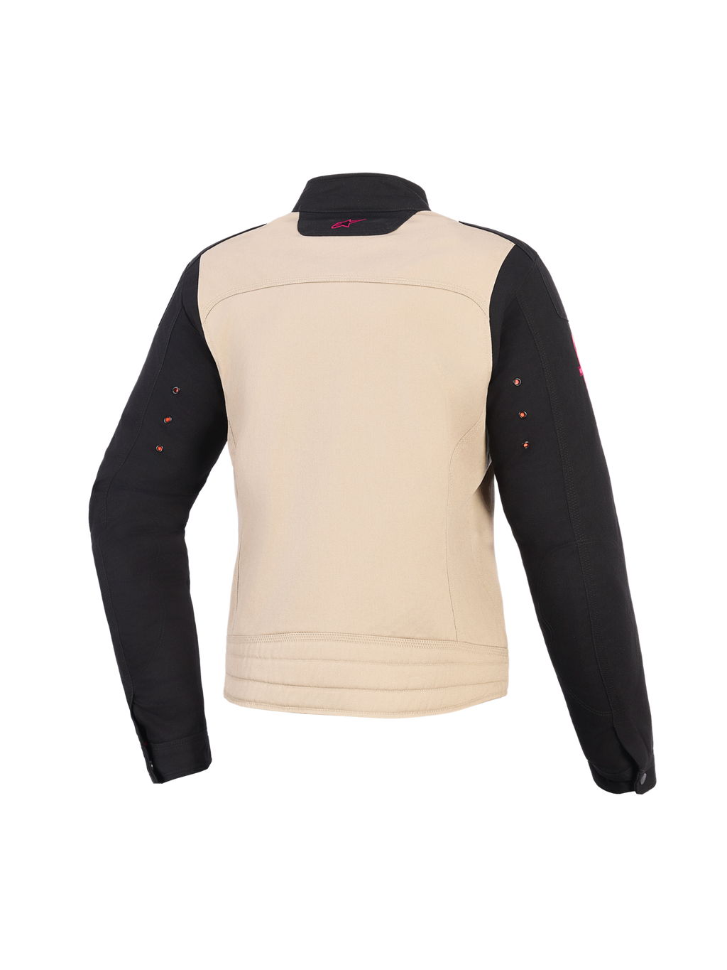 Alpinestars Stella Grace-jakke til kvinder, motorcykeljakke, Aluminum Black, set bagfra, tekstilkonstruktion med beige torso og sorte ærmer, lille lyserødt logo på kraven