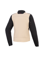 Alpinestars Stella Grace-jakke til kvinder, motorcykeljakke, Aluminum Black, set bagfra, tekstilkonstruktion med beige torso og sorte ærmer, lille lyserødt logo på kraven