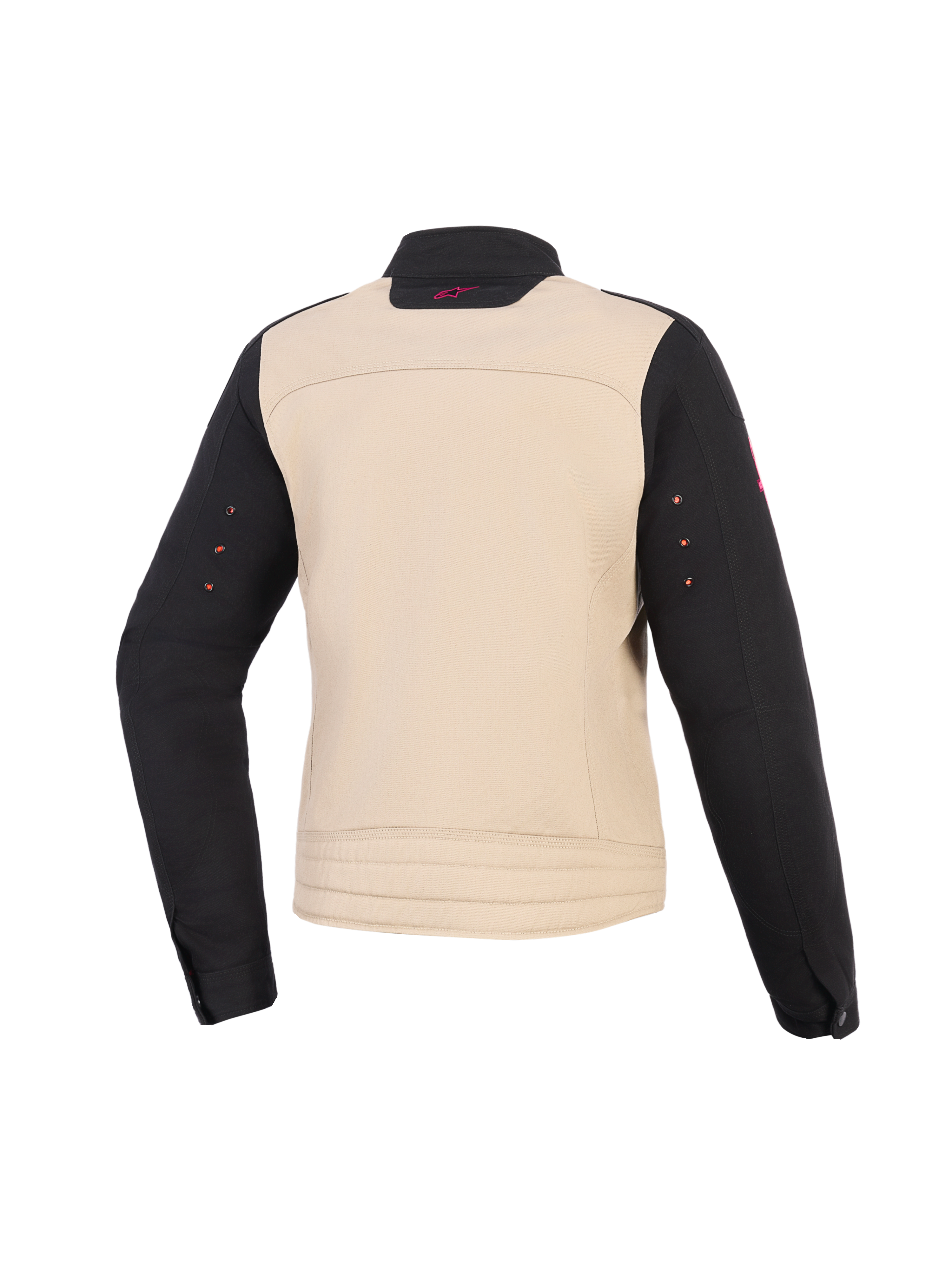 Alpinestars Stella Grace-jakke til kvinder, motorcykeljakke, Aluminum Black, set bagfra, tekstilkonstruktion med beige torso og sorte ærmer, lille lyserødt logo på kraven