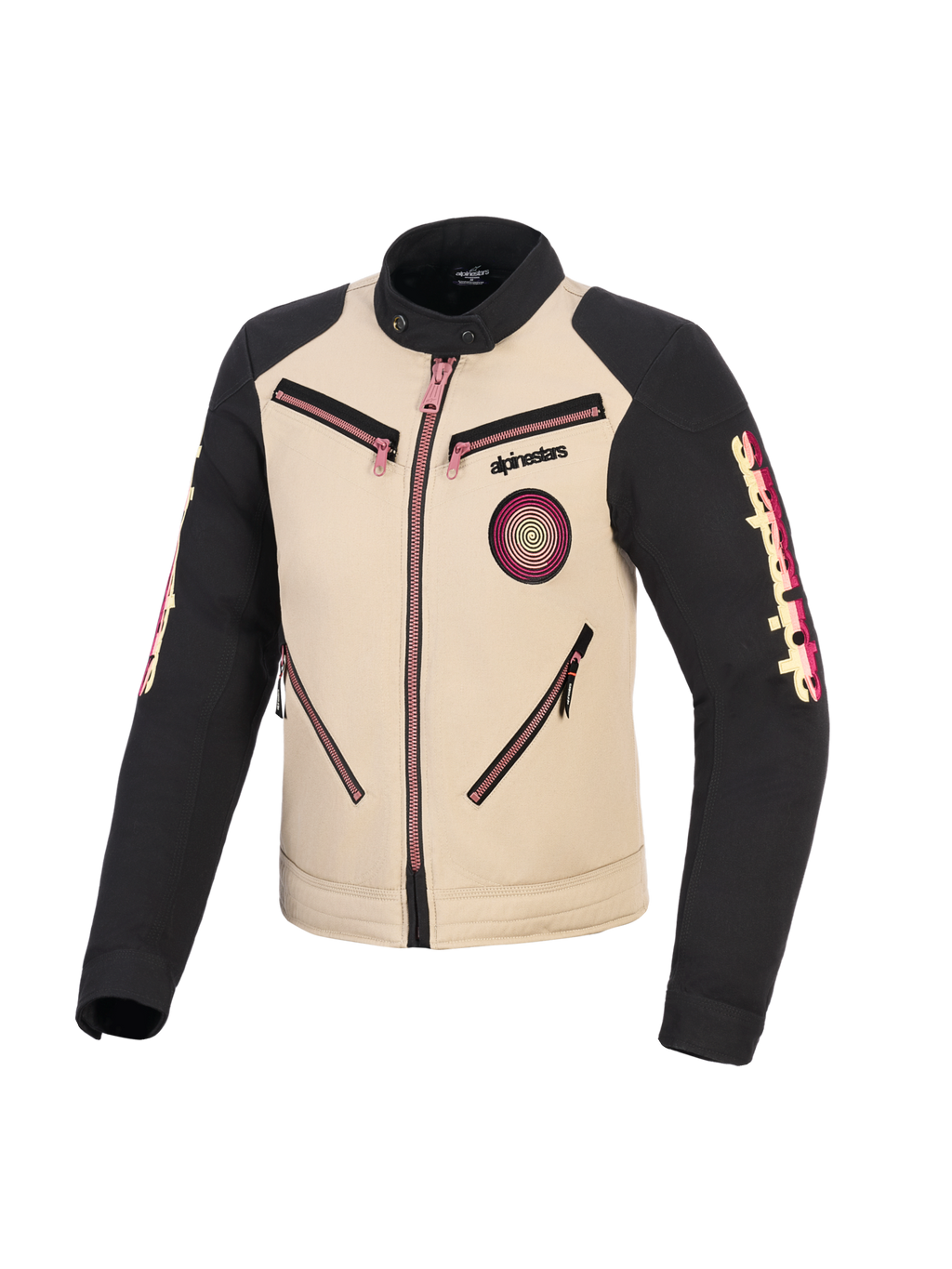 Alpinestars Stella Grace jakke, motorcykeljakke til kvinder, aluminum og sort med lyserøde lynlåsdetaljer, frontvisning der viser urbant arbejdstøjsinspireret design, spiralformet Oscar-patch på brystet, Alpinestars-branding på ærmerne.