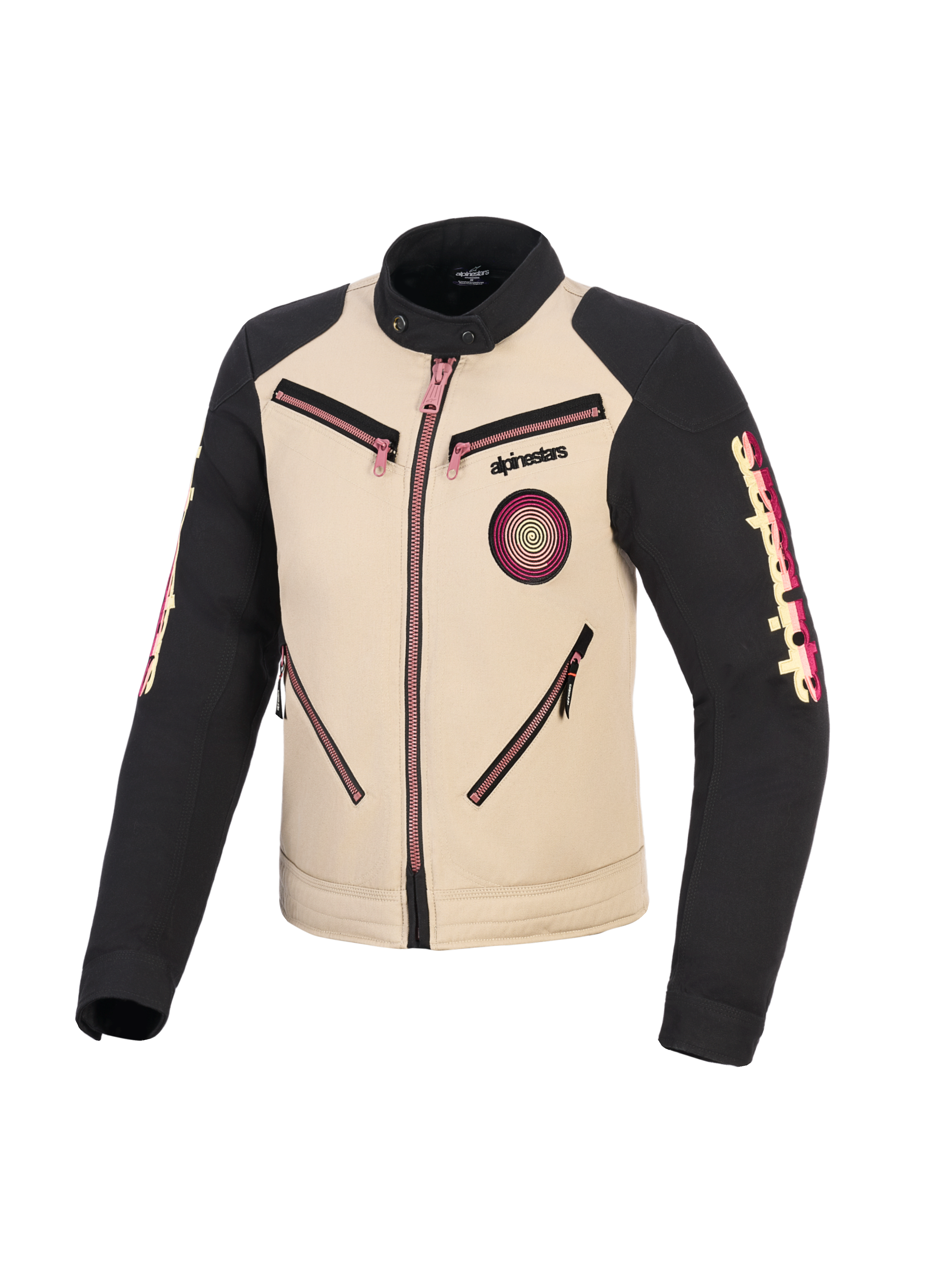 Alpinestars Stella Grace jakke, motorcykeljakke til kvinder, aluminum og sort med lyserøde lynlåsdetaljer, frontvisning der viser urbant arbejdstøjsinspireret design, spiralformet Oscar-patch på brystet, Alpinestars-branding på ærmerne.