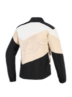 Alpinestars Stella Moshell-jakke, urban motorcykeljakke til kvinder, Black Sand og Off White, set bagfra med asymmetriske farveblokpaneler og et stort kursivt brandlogo på tværs af midten.