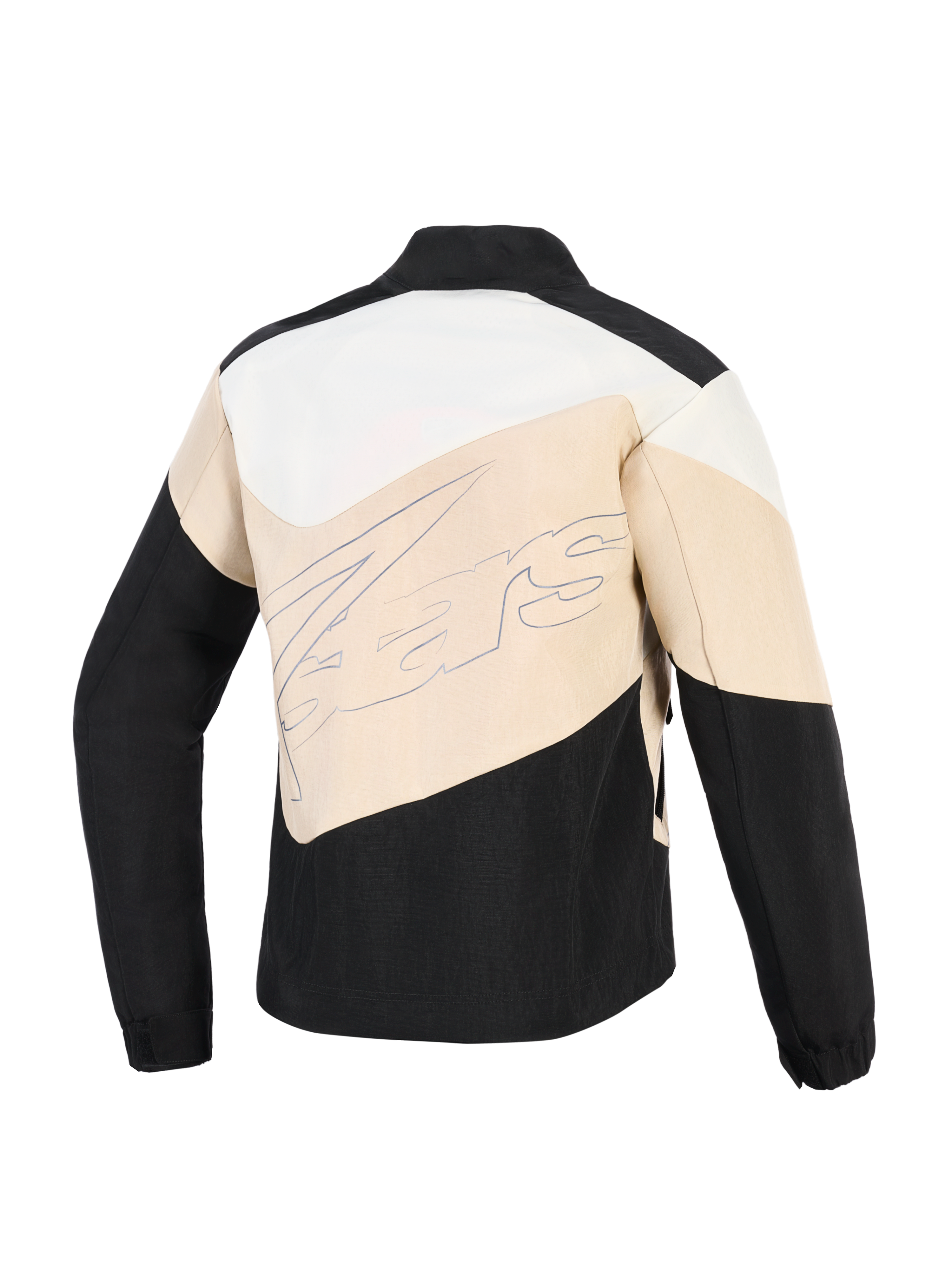 Alpinestars Stella Moshell-jakke, urban motorcykeljakke til kvinder, Black Sand og Off White, set bagfra med asymmetriske farveblokpaneler og et stort kursivt brandlogo på tværs af midten.