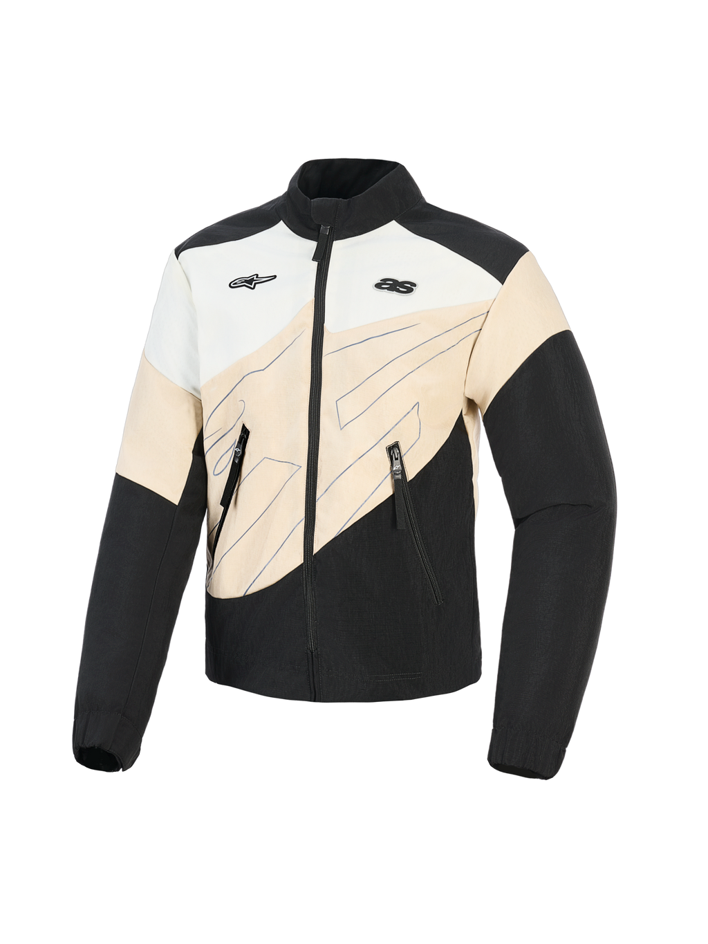 Alpinestars Stella Moshell-jakke, urban motorcykeljakke til kvinder, sort, sandfarvet og off-white, asymmetrisk color-block-design med blå linjegrafik, lynlåslukning foran og to brystlogoer, streetwear-inspireret beskyttende køreudstyr