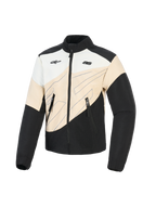 Alpinestars Stella Moshell-jakke, urban motorcykeljakke til kvinder, sort, sandfarvet og off-white, asymmetrisk color-block-design med blå linjegrafik, lynlåslukning foran og to brystlogoer, streetwear-inspireret beskyttende køreudstyr