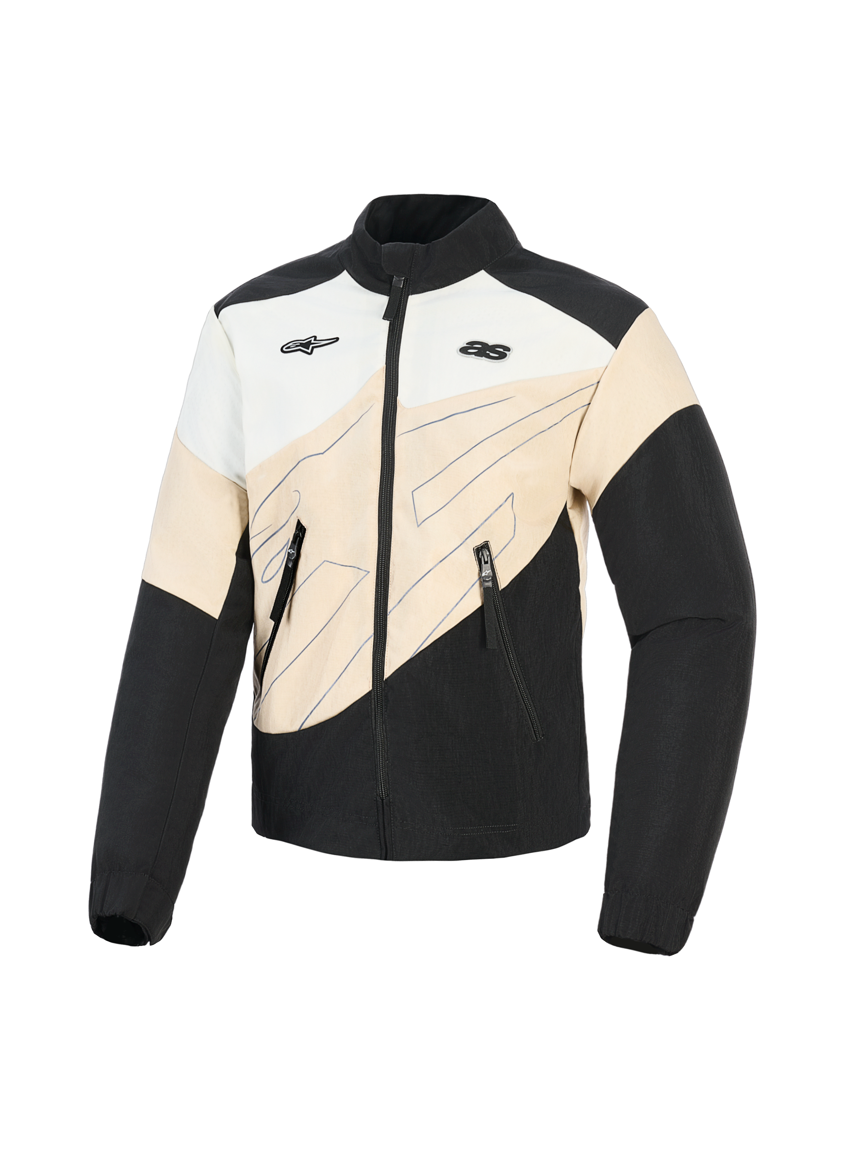 Alpinestars Stella Moshell-jakke, urban motorcykeljakke til kvinder, sort, sandfarvet og off-white, asymmetrisk color-block-design med blå linjegrafik, lynlåslukning foran og to brystlogoer, streetwear-inspireret beskyttende køreudstyr