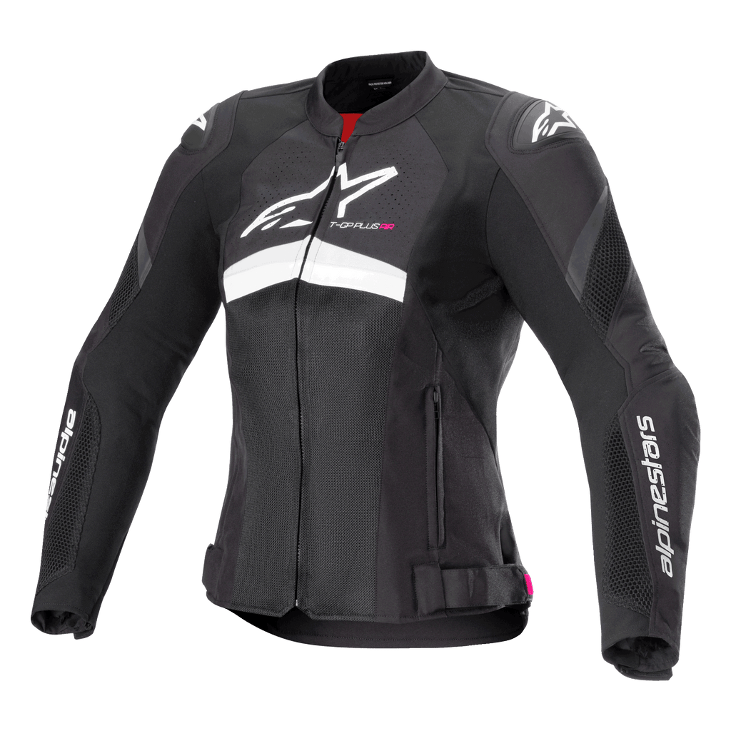 Alpinestars Stella T-GP Plus R V4 Airflow Jakke, dame motorcykel racingjakke, sort og hvid, ventileret tekstilkonstruktion med meshpaneler og CE-certificeret beskyttelse
