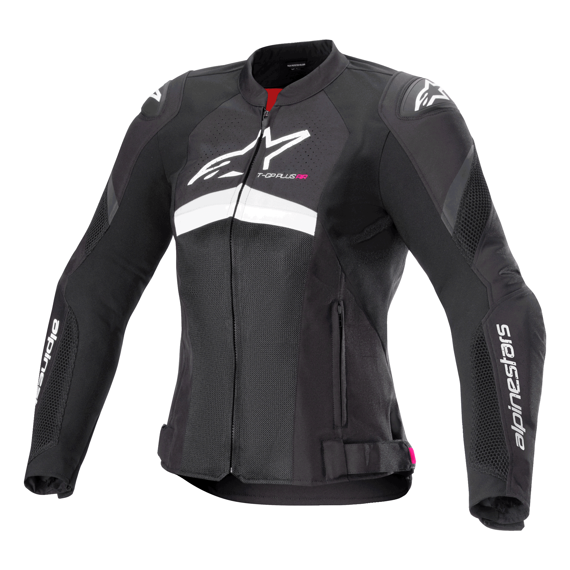 Alpinestars Stella T-GP Plus R V4 Airflow Jakke, dame motorcykel racingjakke, sort og hvid, ventileret tekstilkonstruktion med meshpaneler og CE-certificeret beskyttelse