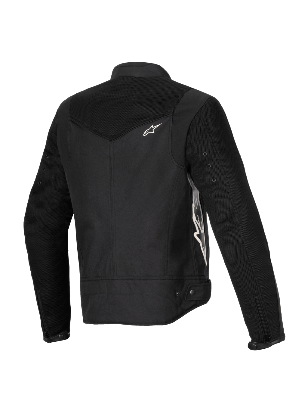 Alpinestars Stella T-Dyno Air Jacket, motorcykeljakke til damer, sort, trefjerdedels visning bagfra med udvidede 3D-meshpaneler på bærestykket og ærmerne, hvidt Alpinestars-logo og skræddersyet tekstilkonstruktion til sommerkørsel