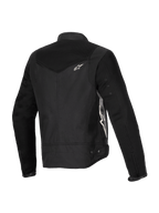 Alpinestars Stella T-Dyno Air Jacket, motorcykeljakke til damer, sort, trefjerdedels visning bagfra med udvidede 3D-meshpaneler på bærestykket og ærmerne, hvidt Alpinestars-logo og skræddersyet tekstilkonstruktion til sommerkørsel