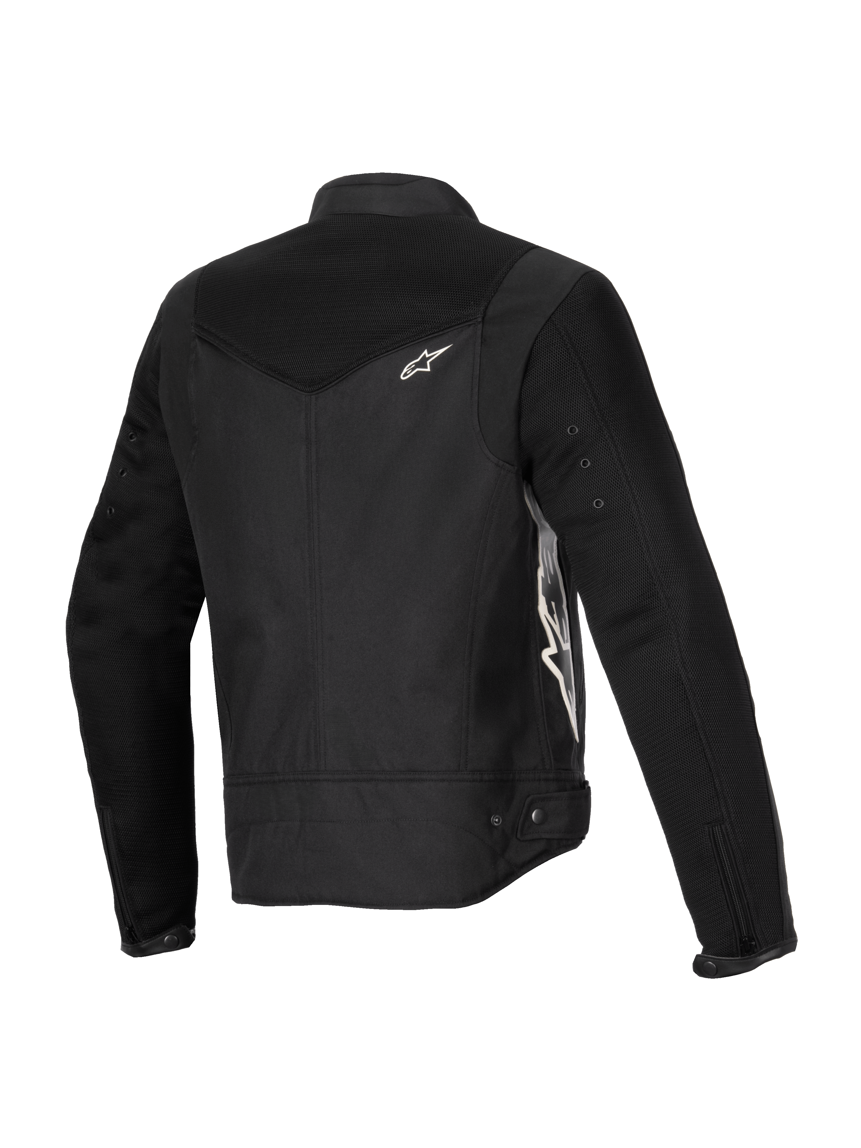 Alpinestars Stella T-Dyno Air Jacket, motorcykeljakke til damer, sort, trefjerdedels visning bagfra med udvidede 3D-meshpaneler på bærestykket og ærmerne, hvidt Alpinestars-logo og skræddersyet tekstilkonstruktion til sommerkørsel