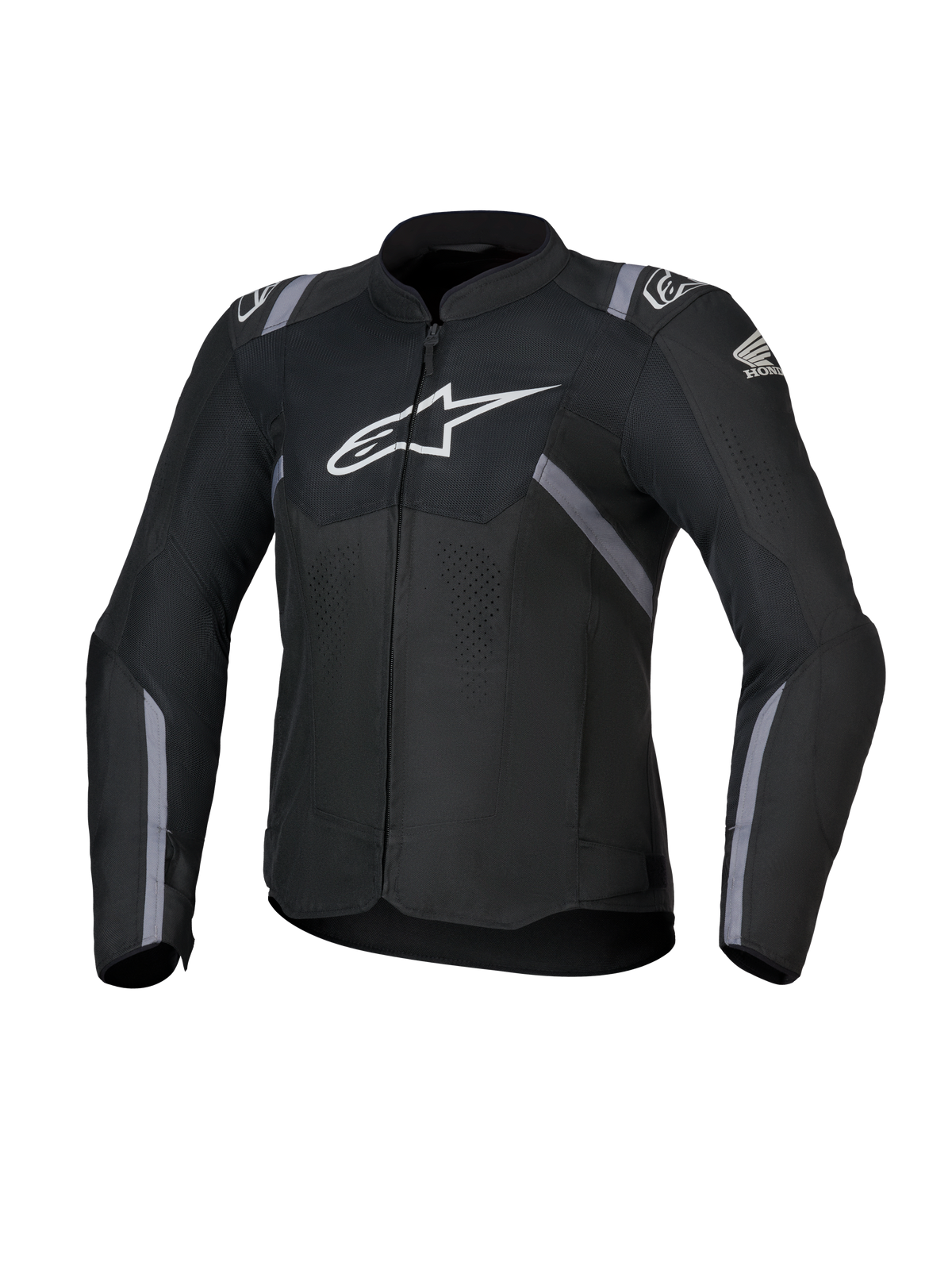 Alpinestars Honda Woman Stella T-SPS Air V2 jakke, motorcykeljakke i tekstil til kvinder, sort med hvide Alpinestars- og Honda-logoer, grå stribedetaljer, perforerede mesh-paneler for luftgennemstrømning, sporty pasform