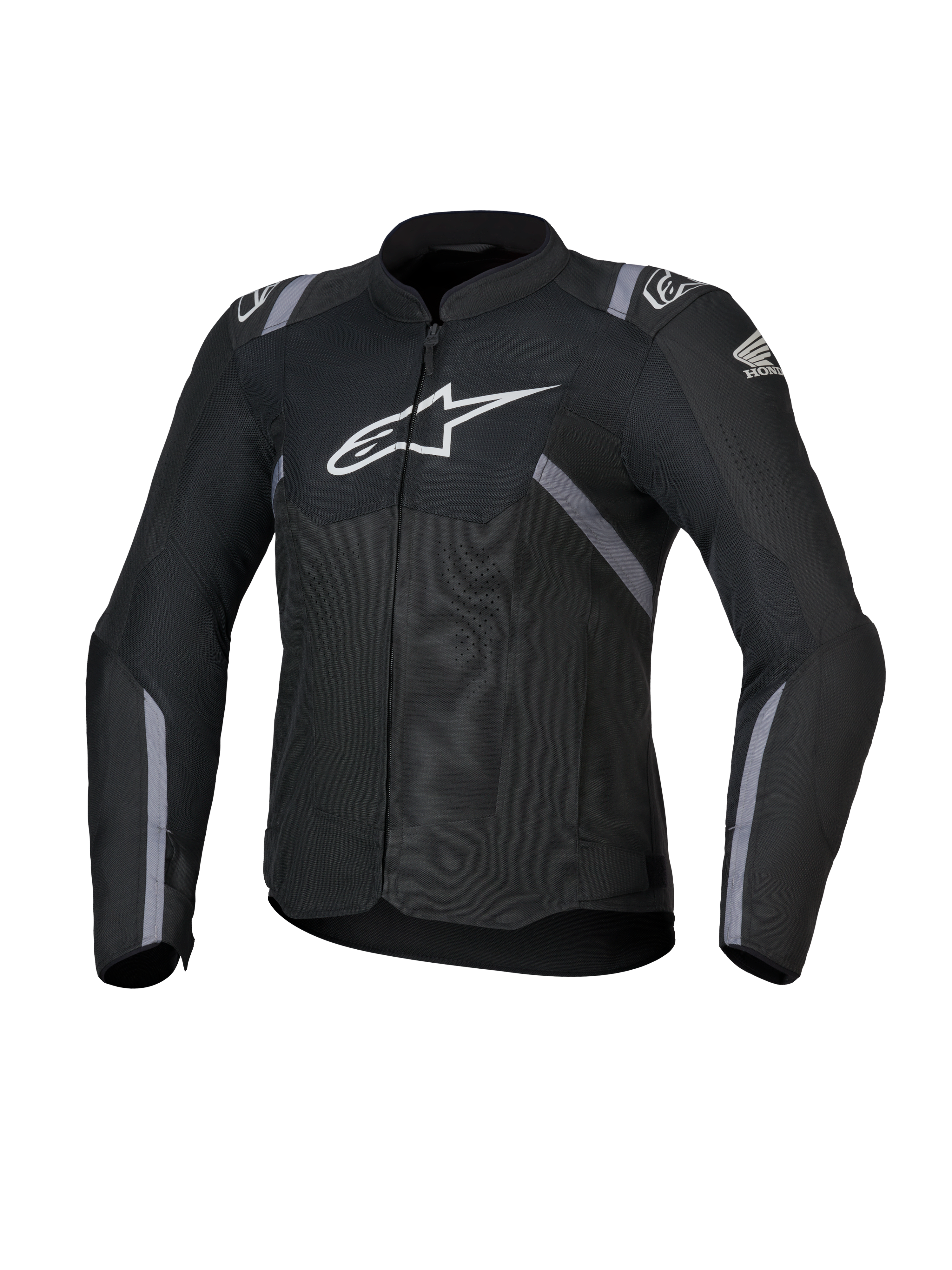 Honda Woman Stella T-SPS Air V2 Jacket, Women's Textile Motorcycle Jacket, Black with white Alpinestars and Honda logos, gray stripe accents, perforated mesh panels for airflow, sport riding fit