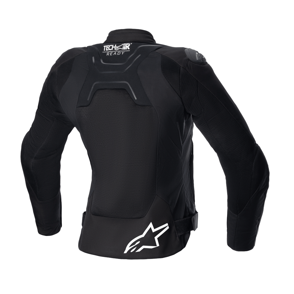 Alpinestars Stella SMX Air-jakke til damer, set bagfra, sort, med mesh-paneler på ryggen for luftgennemstrømning, Tech-Air Ready-branding på den øvre ryg, hvidt Alpinestars-stjernelogo på den nederste del af ryggen, taljejusteringsstropper, street sport-motorcykeljakke i tekstil