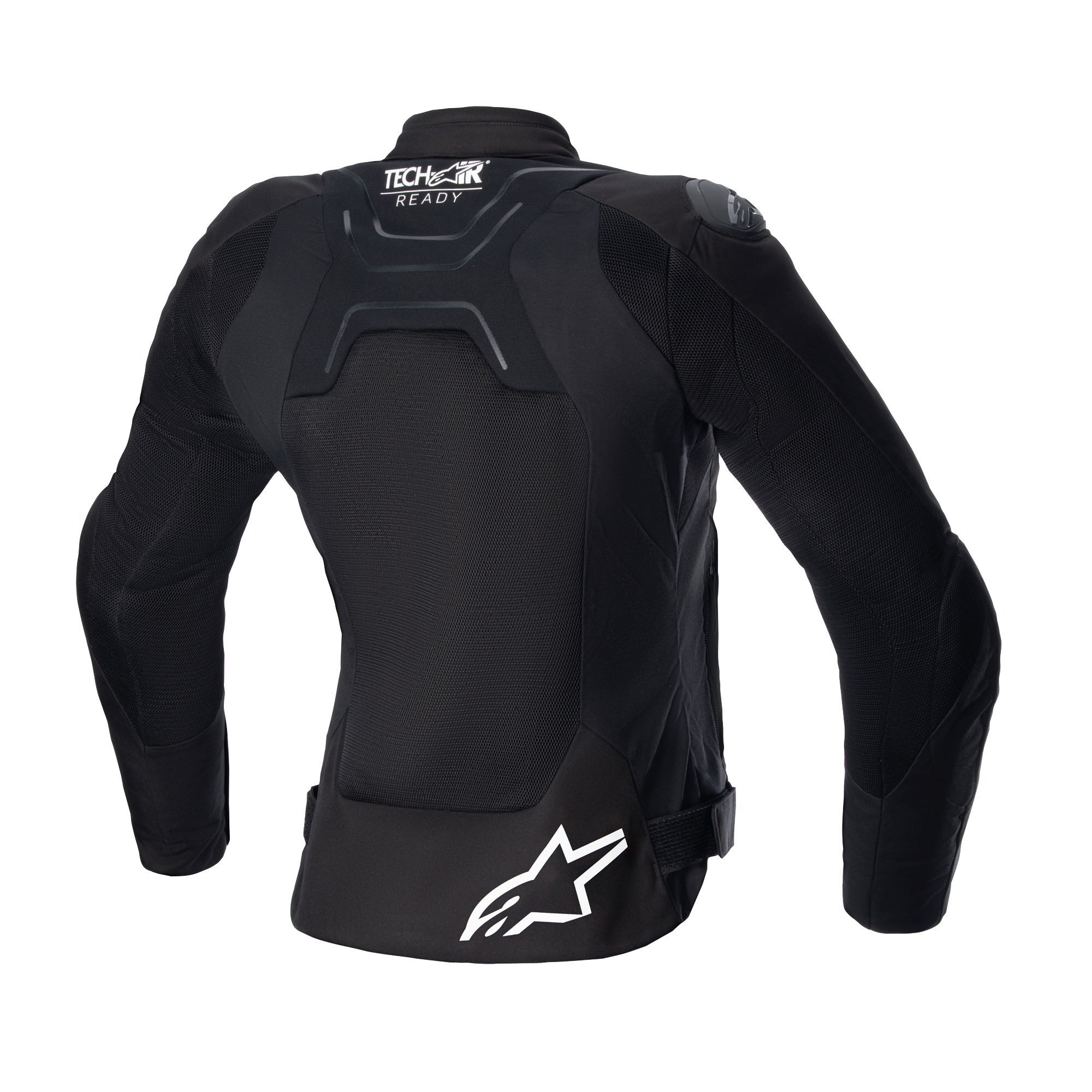 Alpinestars Stella SMX Air-jakke til damer, set bagfra, sort, med mesh-paneler på ryggen for luftgennemstrømning, Tech-Air Ready-branding på den øvre ryg, hvidt Alpinestars-stjernelogo på den nederste del af ryggen, taljejusteringsstropper, street sport-motorcykeljakke i tekstil