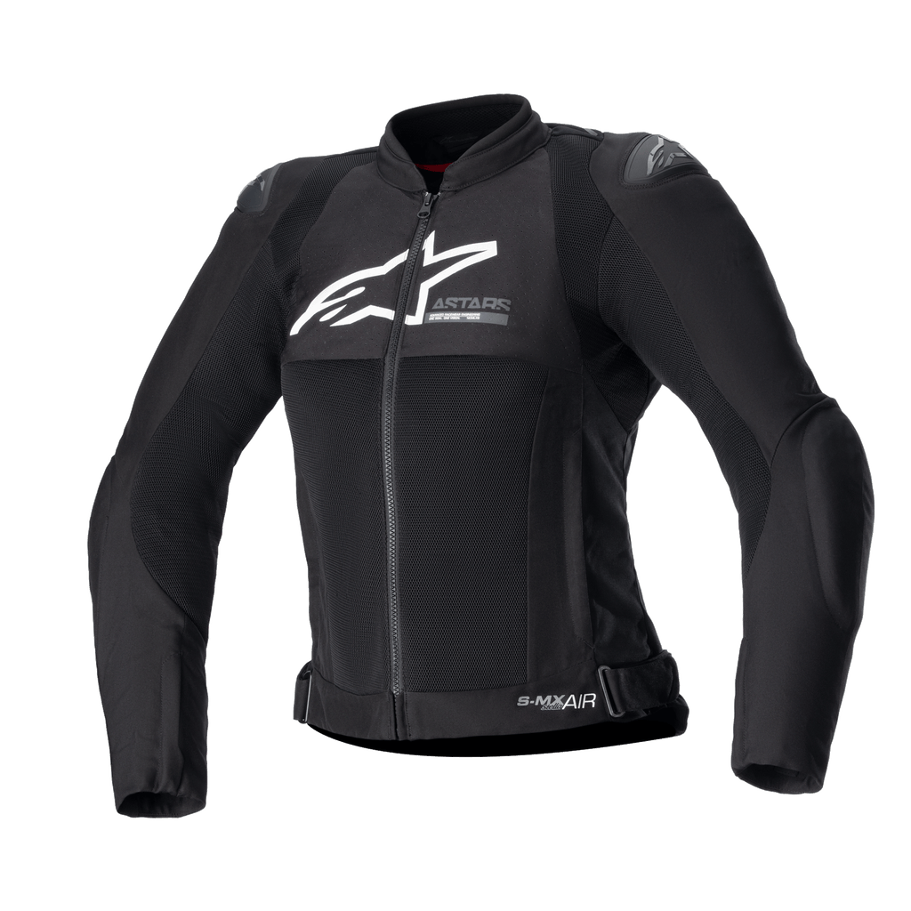 Alpinestars Women Stella SMX Air Jacket, sort motorcykeljakke i tekstil og mesh, hvidt logo på brystet, lynlås foran, høj krave, eksterne skulderslidere, åndbar mesh-konstruktion, sportsligt design til sommerkørsel