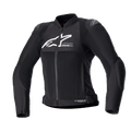 Alpinestars Women Stella SMX Air Jacket, sort motorcykeljakke i tekstil og mesh, hvidt logo på brystet, lynlås foran, høj krave, eksterne skulderslidere, åndbar mesh-konstruktion, sportsligt design til sommerkørsel