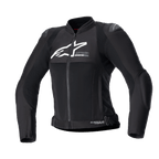 Alpinestars Women Stella SMX Air Jacket, sort motorcykeljakke i tekstil og mesh, hvidt logo på brystet, lynlås foran, høj krave, eksterne skulderslidere, åndbar mesh-konstruktion, sportsligt design til sommerkørsel