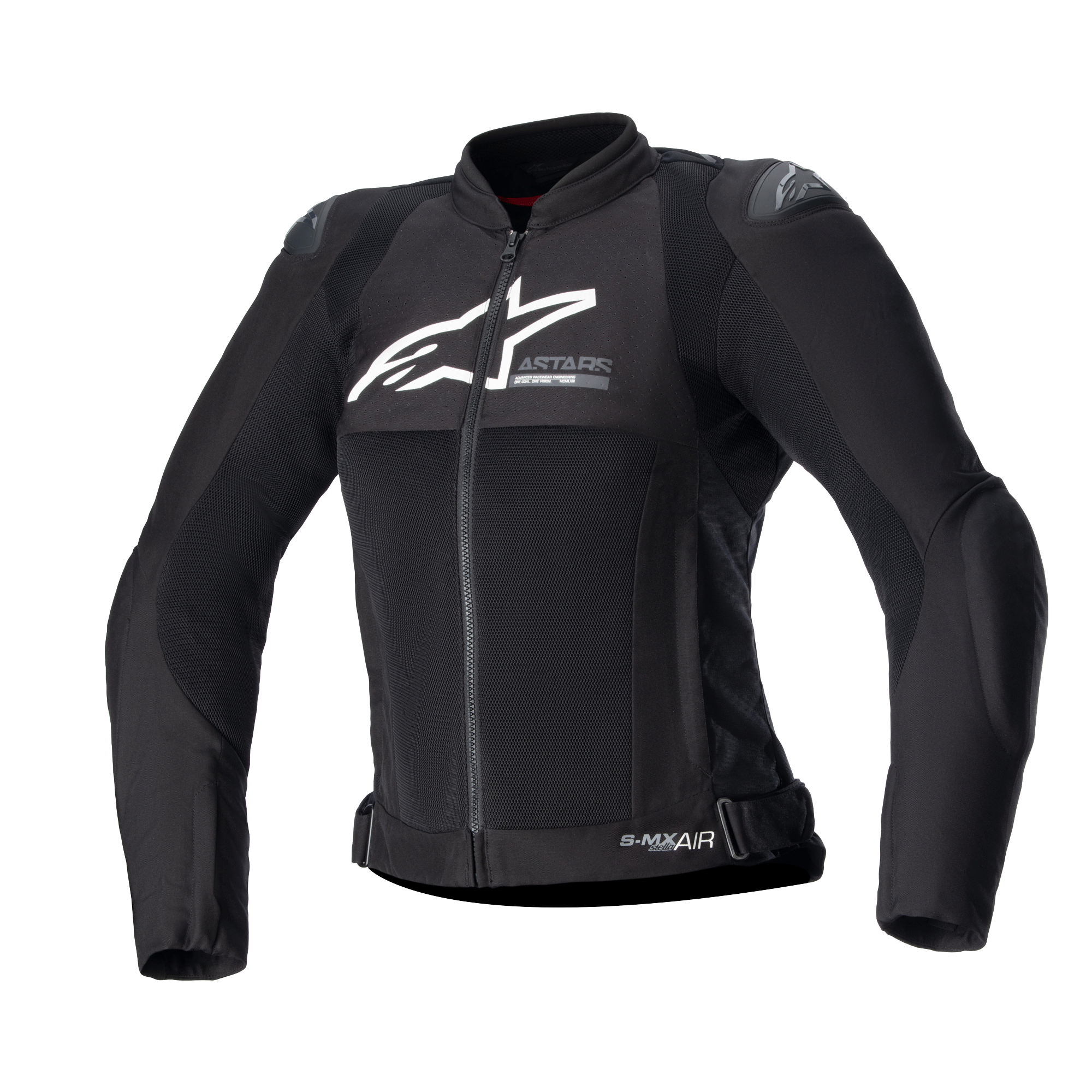 Alpinestars Women Stella SMX Air Jacket, sort motorcykeljakke i tekstil og mesh, hvidt logo på brystet, lynlås foran, høj krave, eksterne skulderslidere, åndbar mesh-konstruktion, sportsligt design til sommerkørsel