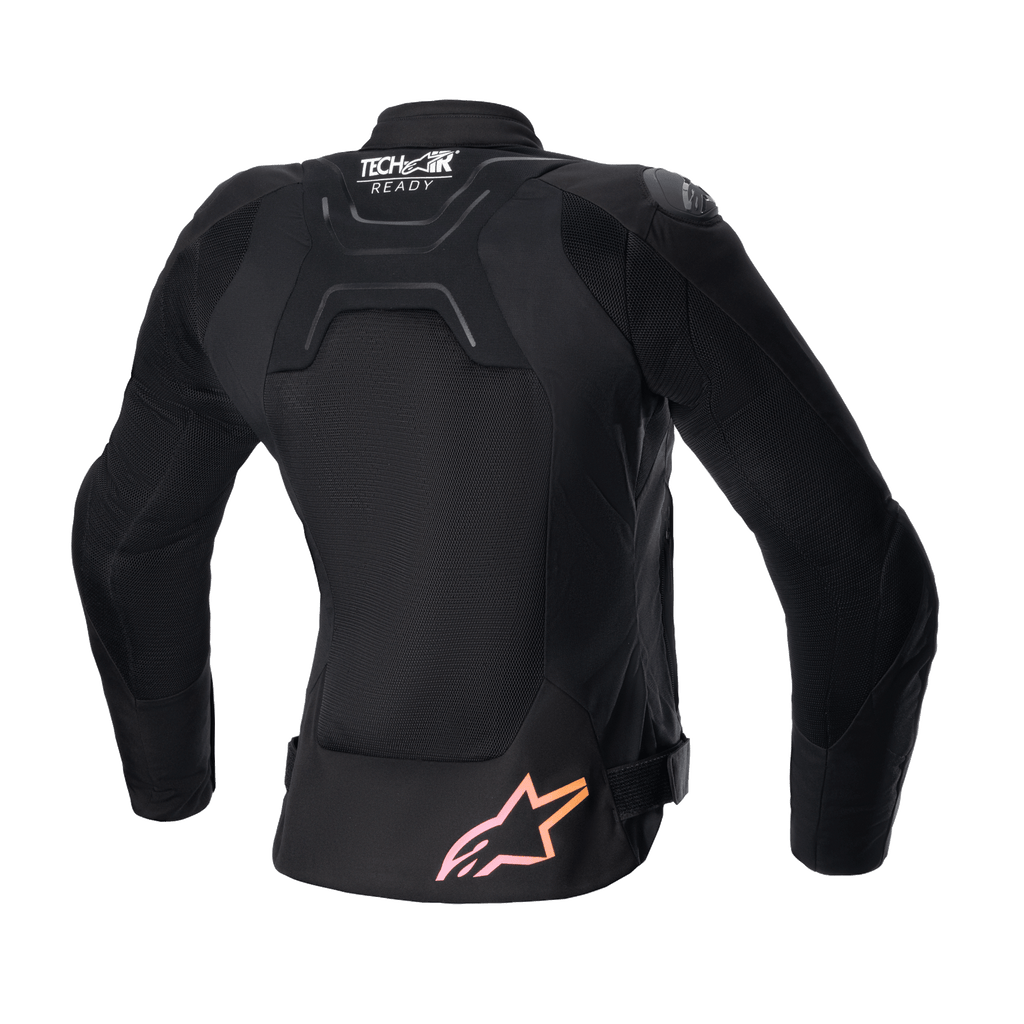 Alpinestars Stella SMX Air jakke til damer, set bagfra, sort med mesh-paneler, med 'Tech-Air Ready'-logo på øvre ryg og pink til orange gradueret stjernelogo forneden, beskyttende street sport motorcykeljakke